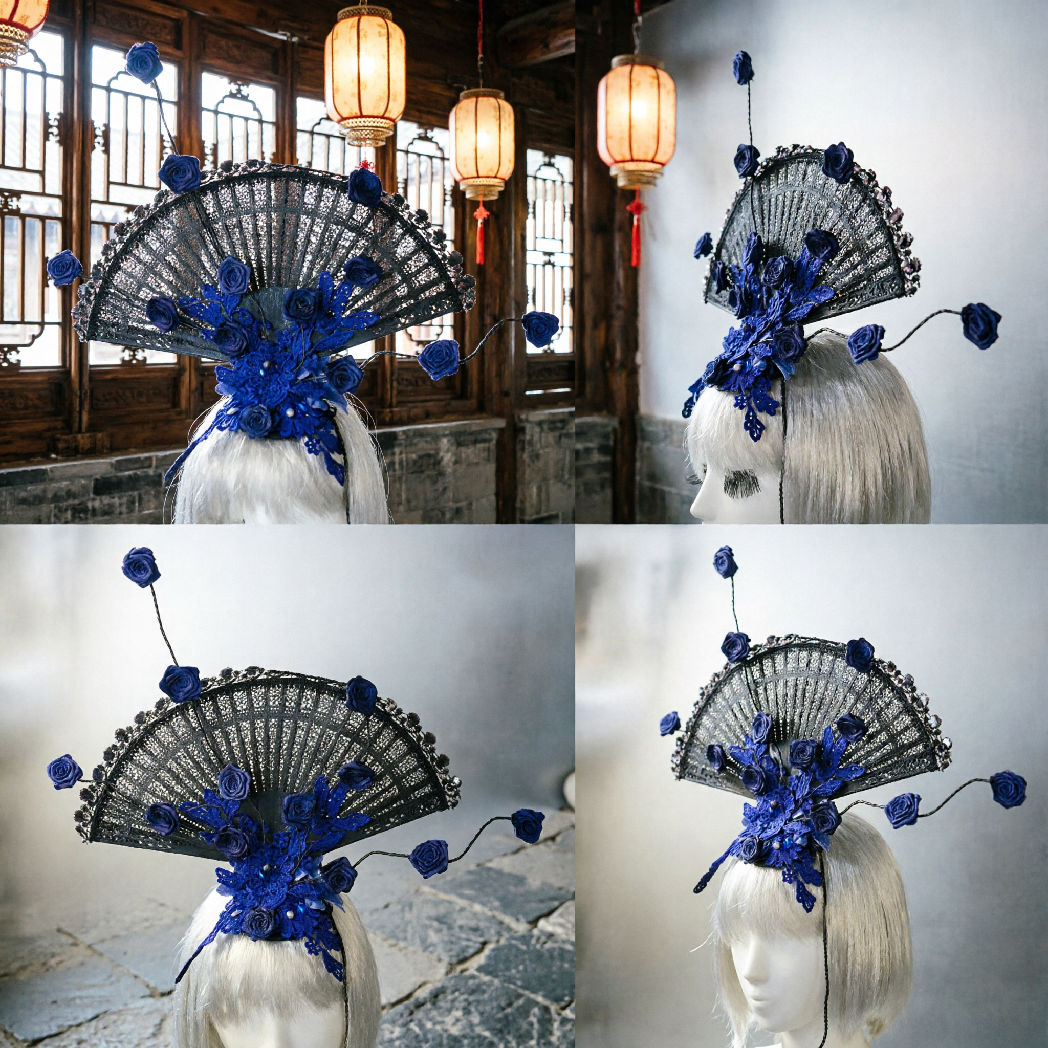 Corona per Capelli a Ventaglio Tradizionale Cinese Squisita con Rose Blu per Pettinatura da Sposa Hanfu - Asian Costume