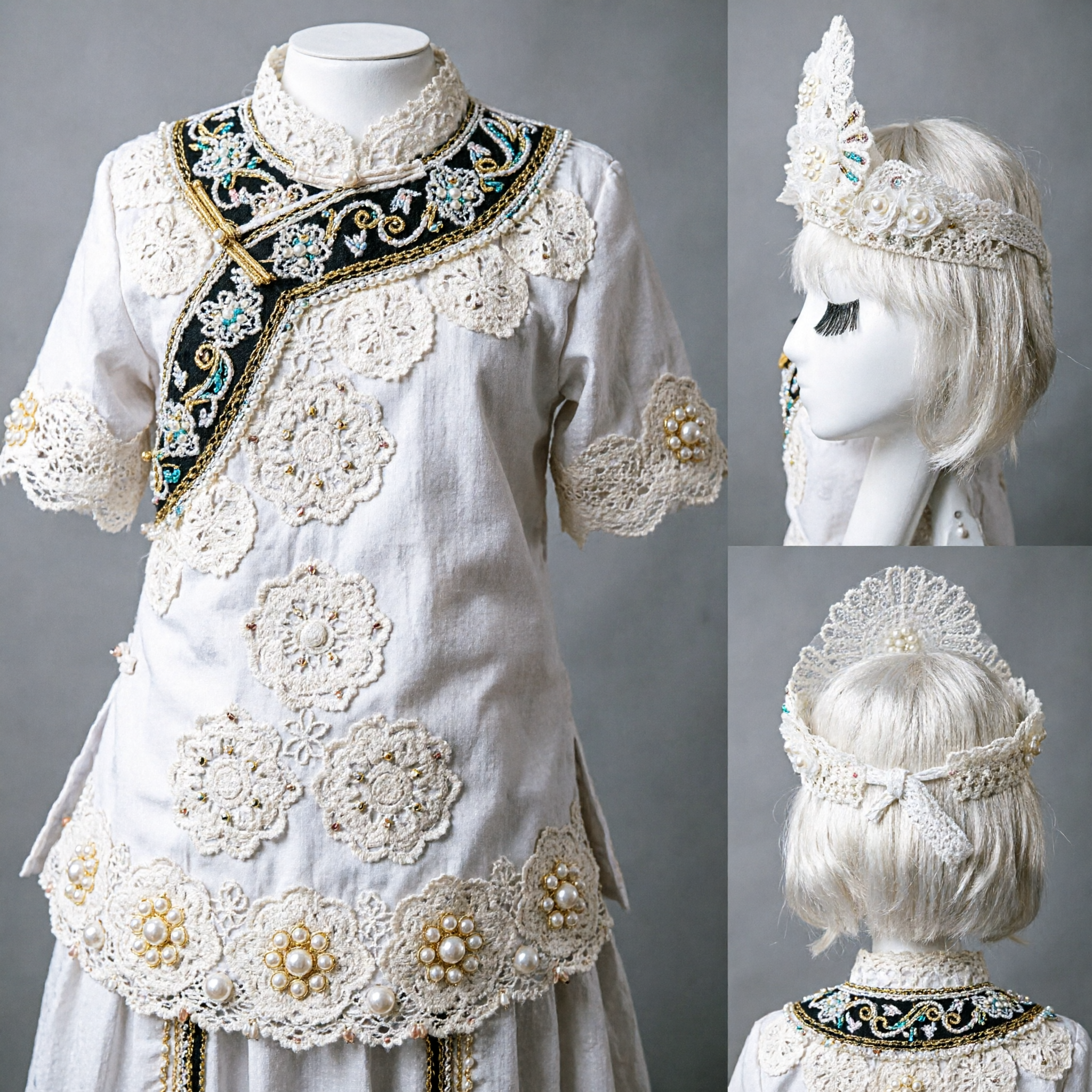 Coroa de Renda Branca Elegante com Pérolas e Estrass, Acessório de Cabeça Vintage para Noiva em Casamento - Asian Costume