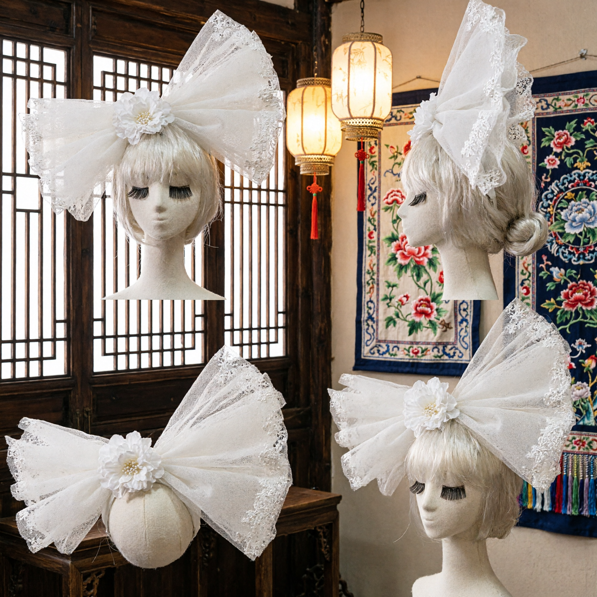 Acessório de Cabelo Grande Laço de Renda Branca com Centro Floral para Noiva, Flower Girl, Princesa, Acessório de Cabeça - Asian Costume