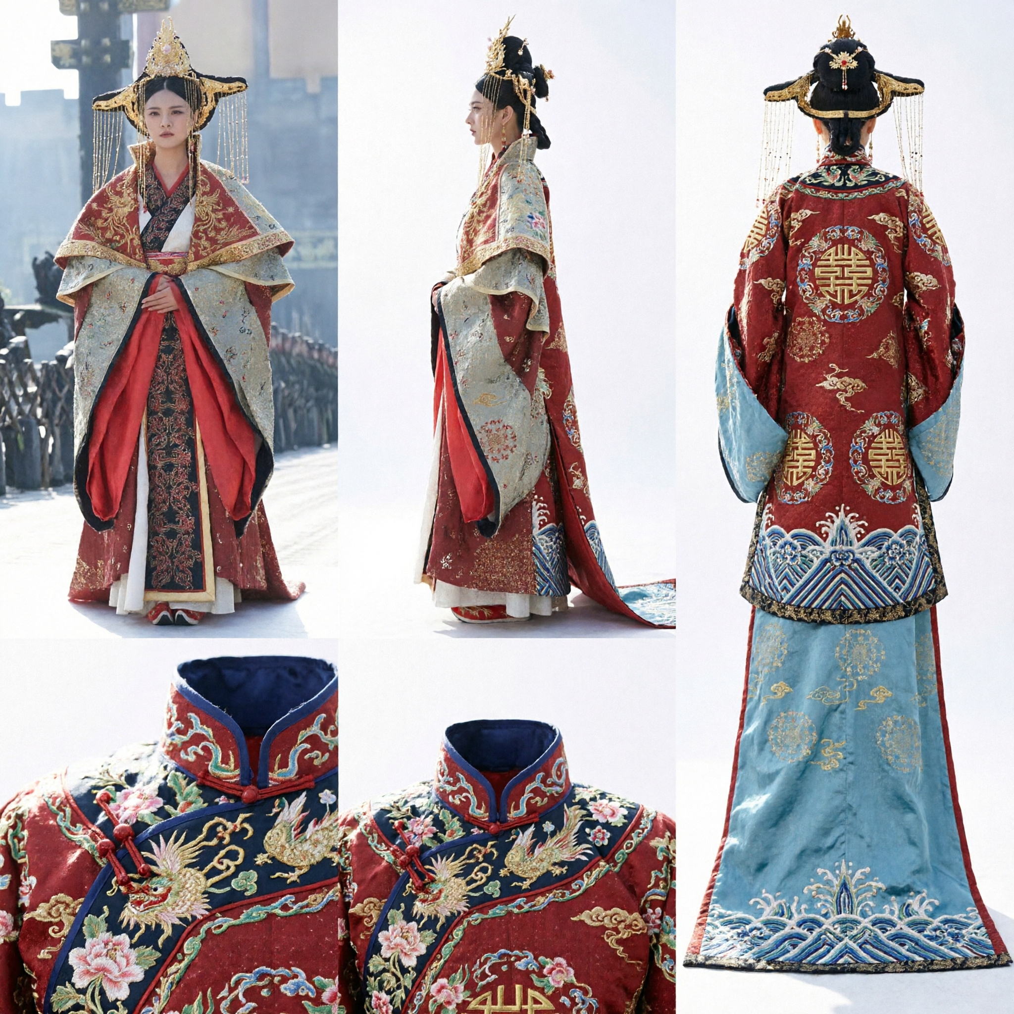 전통 중국 고대 황후 의상 레드 앤 골드 한복 드레스 여성용 왕관 포함 - Asian Costume