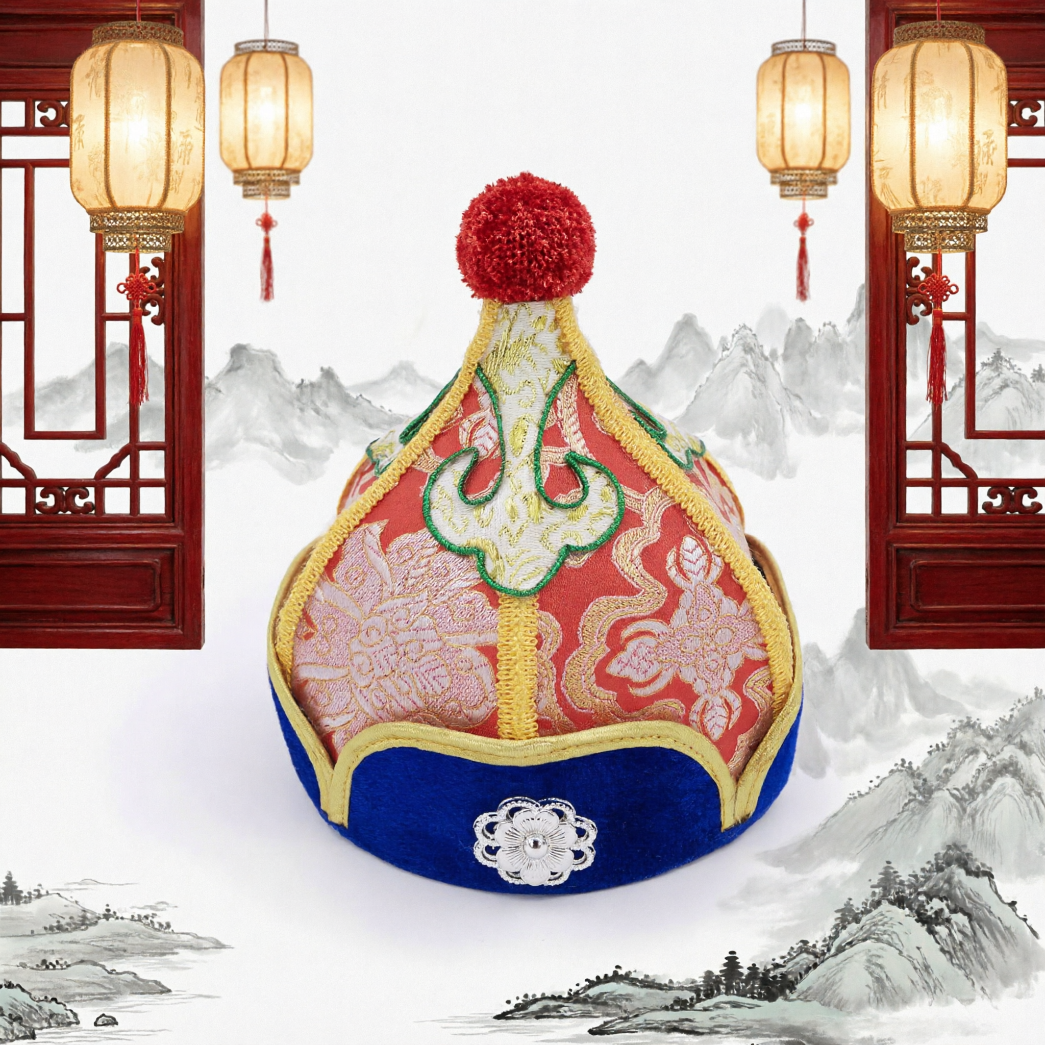 伝統的中国モンゴル少数民族帽子 赤い錦織刺繍頭飾り 民族舞踊と祭り用 - Asian Costume