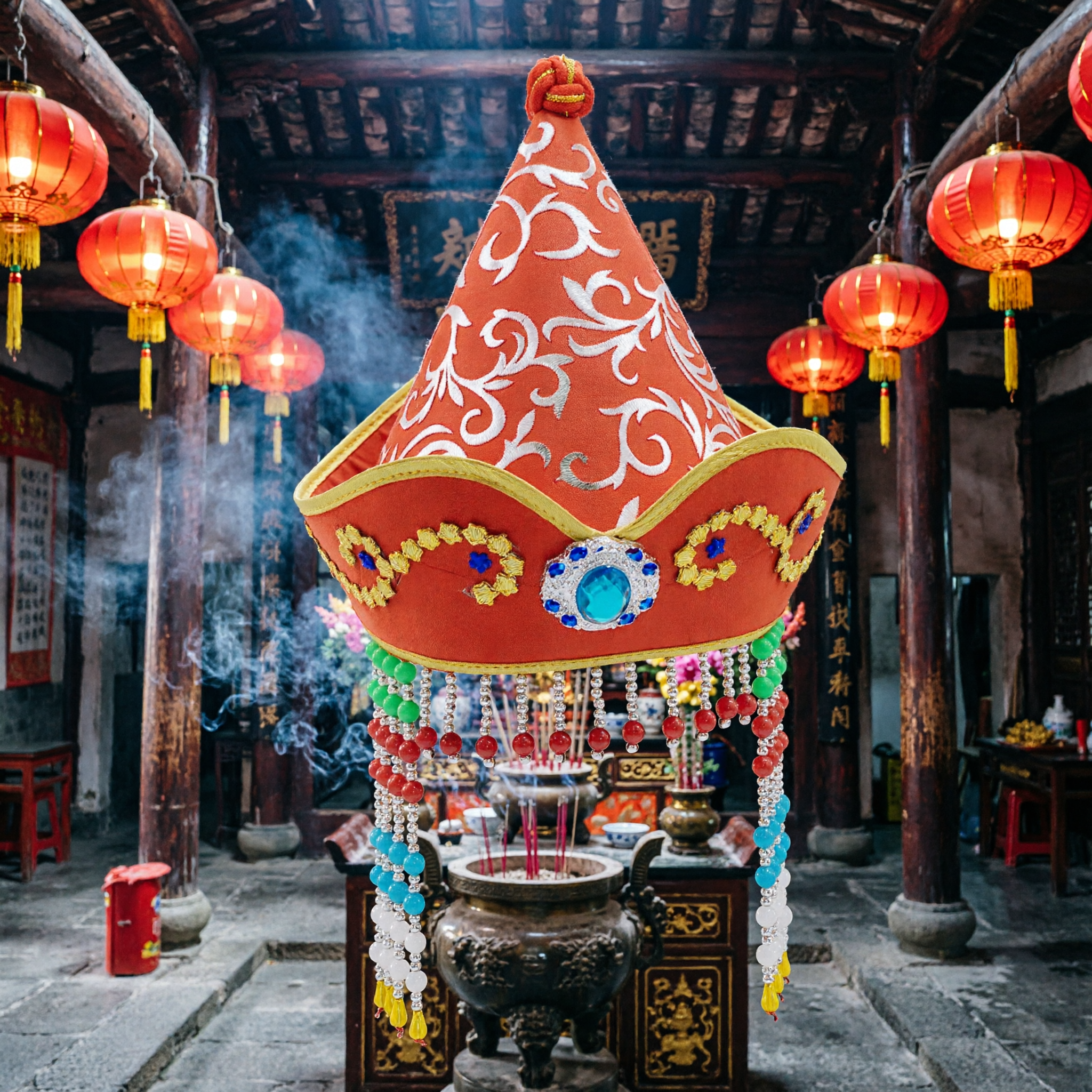 파란색 보석과 구슬 술이 달린 전통 중국 민족 주황색 원뿔 모자 여성 민속 무용 공연용 - Asian Costume