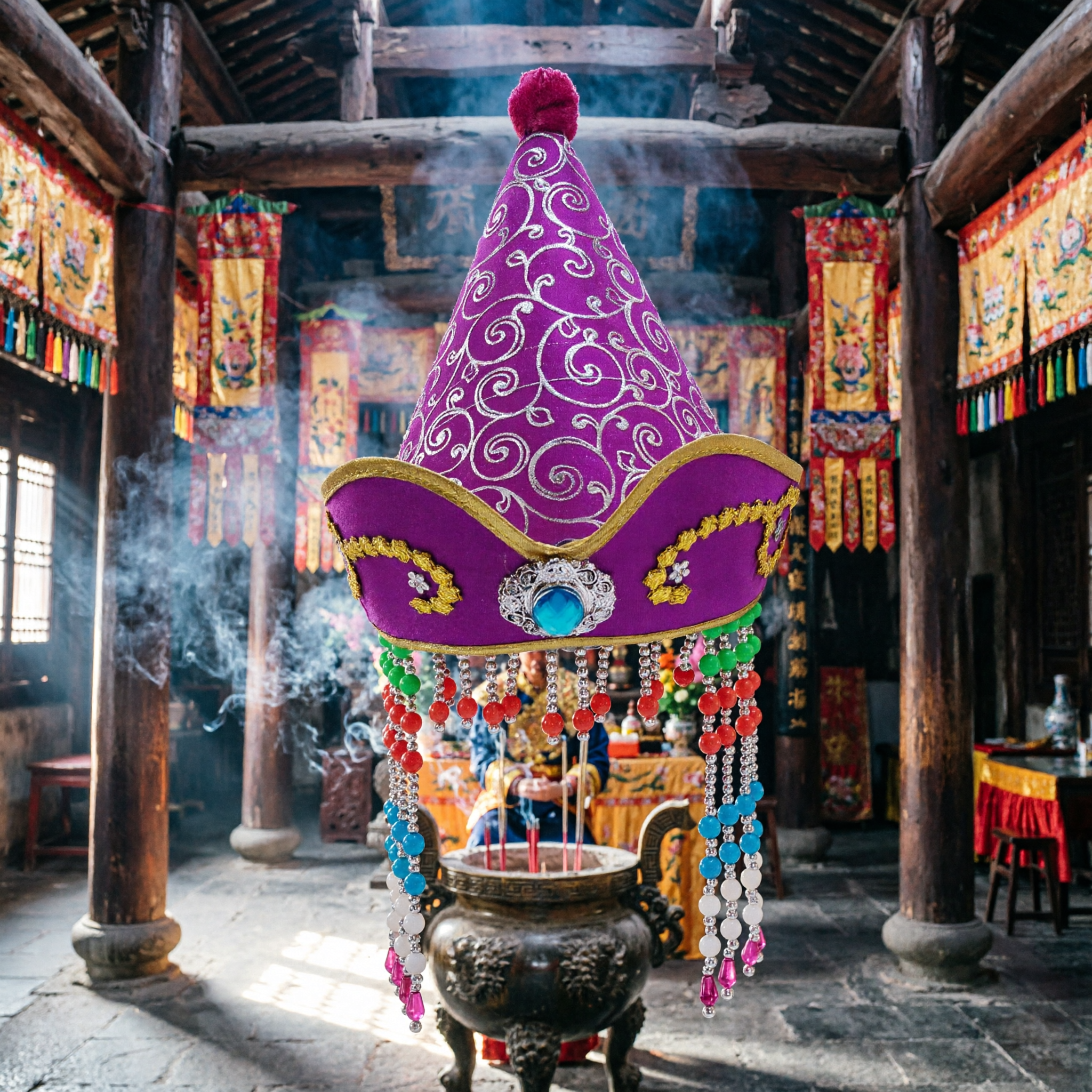 자수와 구슬 술이 달린 보라색 중국 민족 소수민족 민속 무용 모자 무대 공연용 - Asian Costume