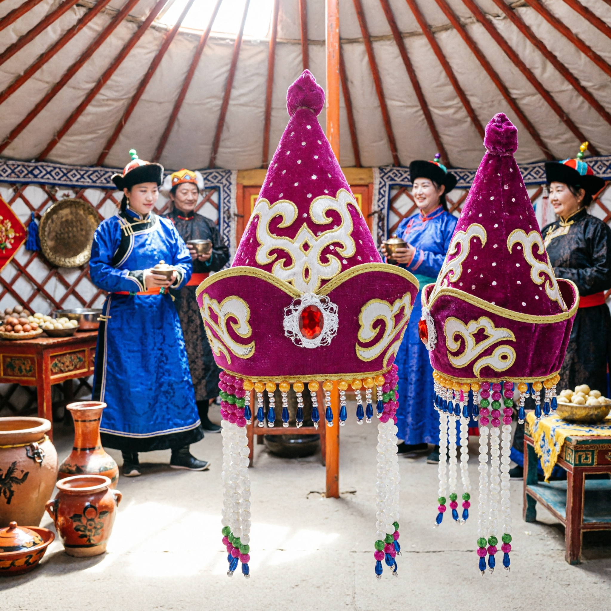 Chapéu de Veludo Rosa Chinês Tradicional com Bordado para Crianças Acessório de Traje de Dança da Minoria Étnica - Asian Costume