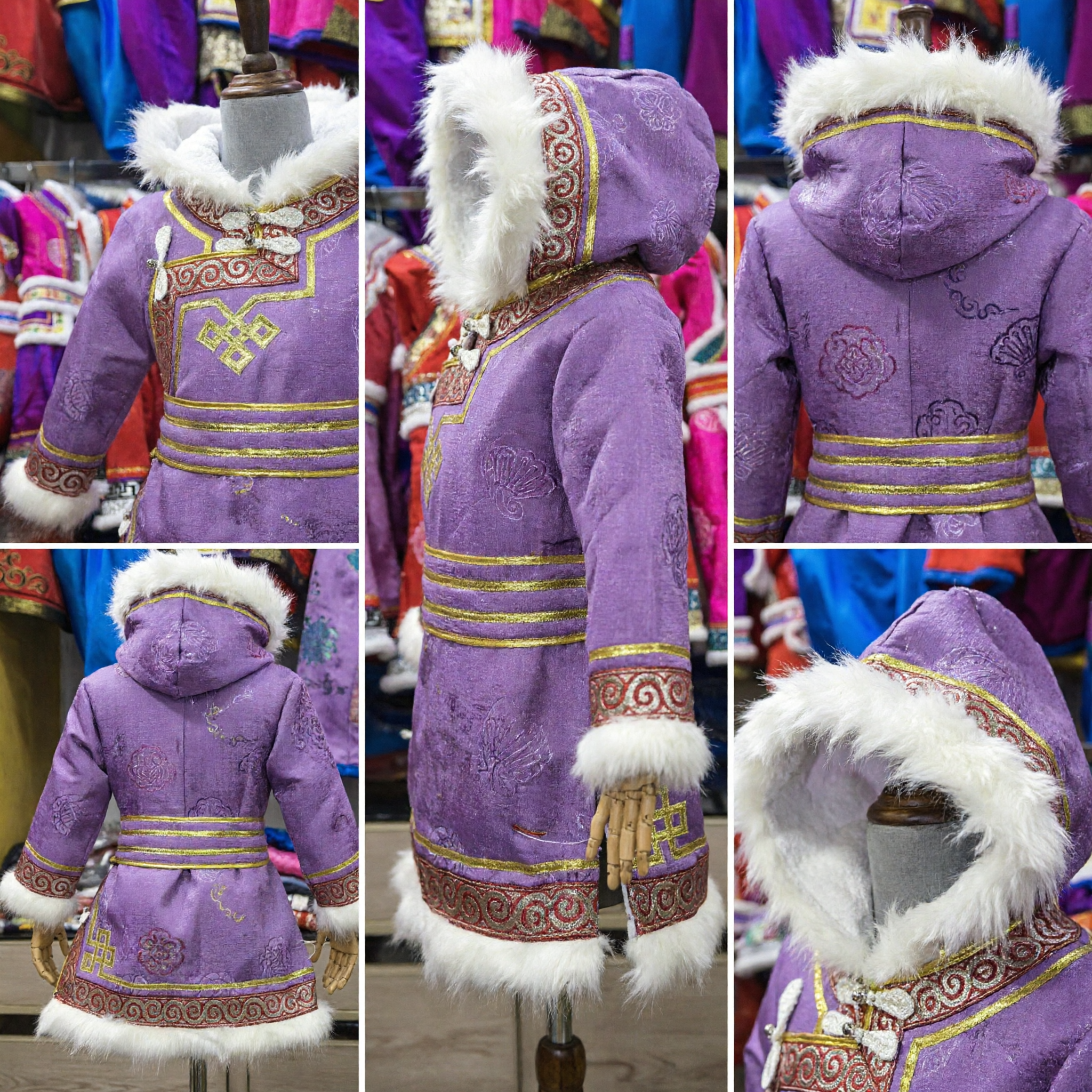 Robe à capuche mongole traditionnelle violette avec bordure en fourrure blanche et broderie dorée pour spectacle culturel - Asian Costume