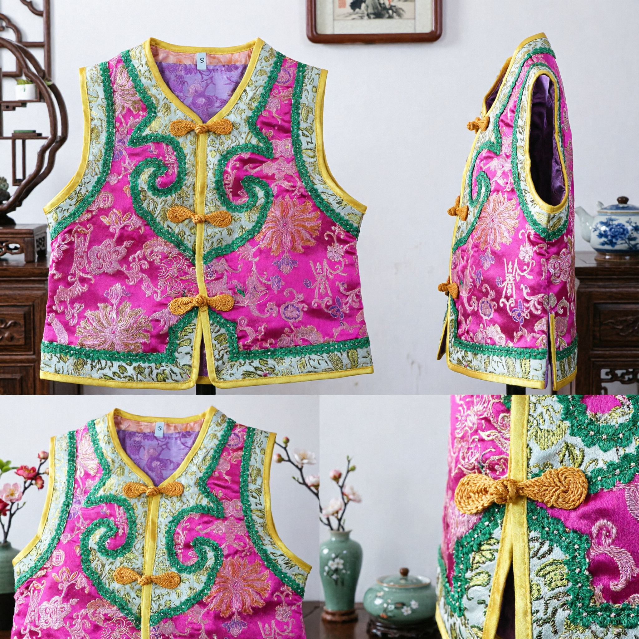 Traditional Chinese Pink Brocade Vest Tang Suit Floral Folk Costume for Girls New Year Festival - Asian Costume