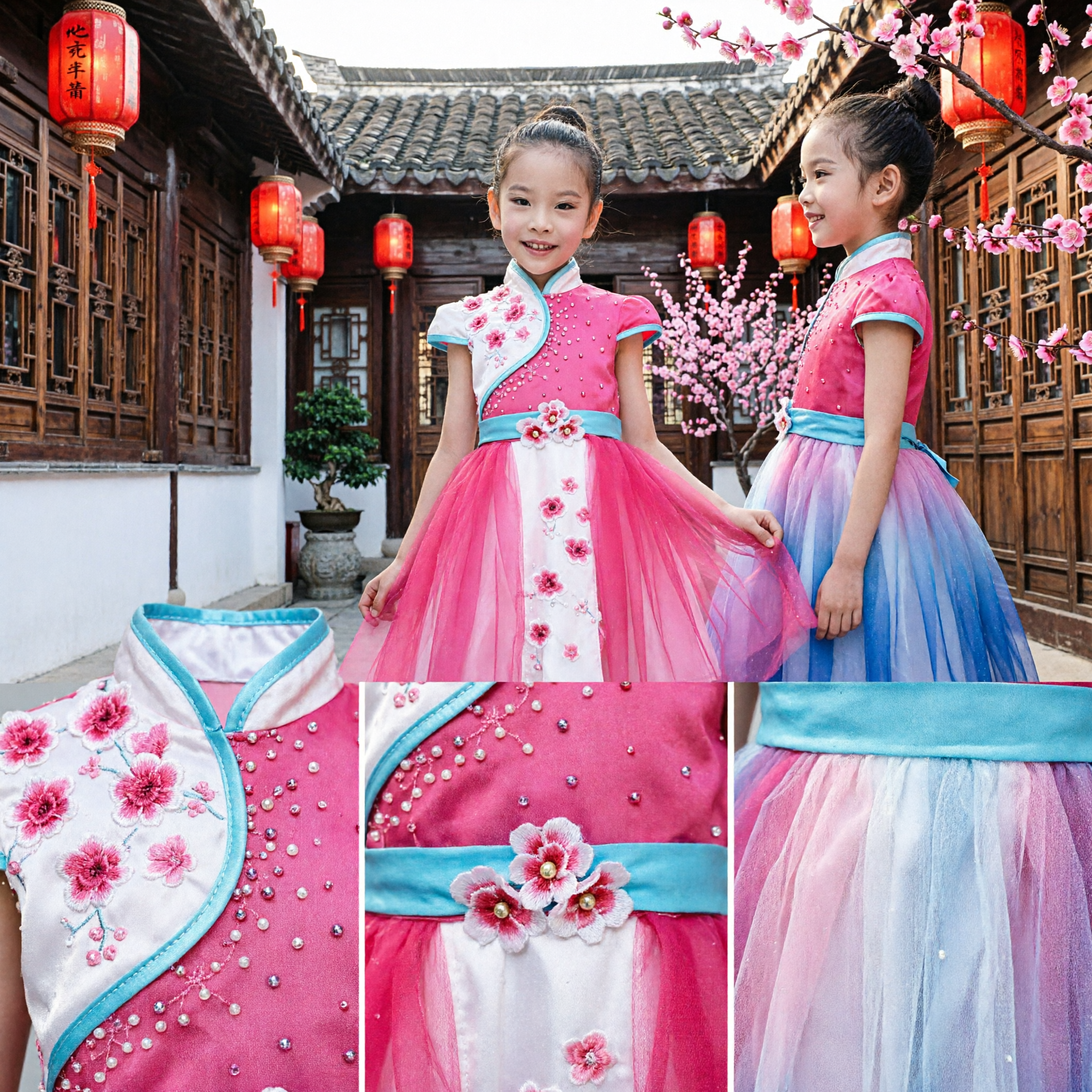 Traje de Dança Chinês Rosa para Meninas Crianças, Vestido Cheongsam Tutu de Balé, Conjunto de Dança Folclórica para Performance no Palco - Asian Costume