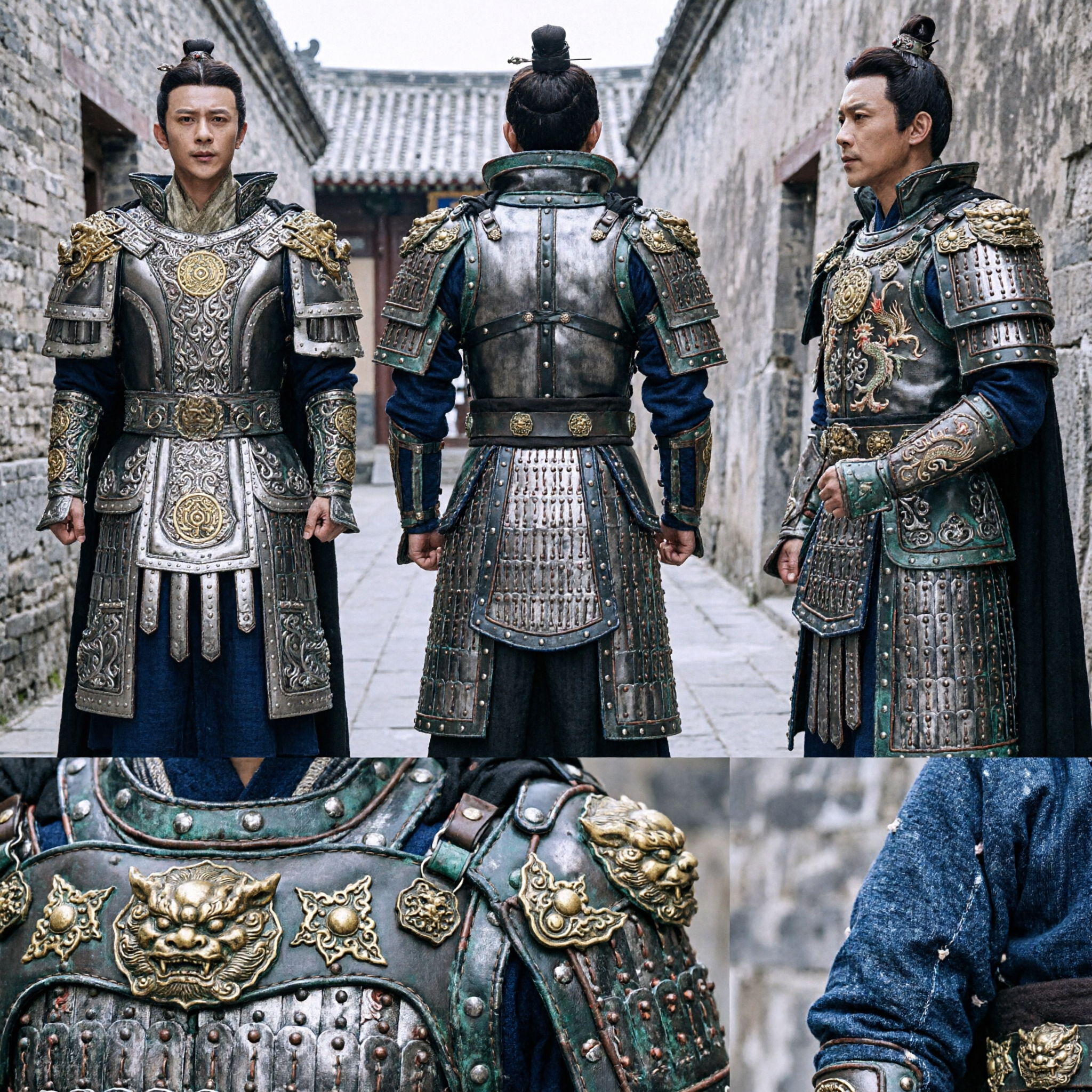 전통 중국 장군 갑옷 의상 남성 실버 골드 무사 한푸 완전 세트 코스프레 무대 공연용 - Asian Costume