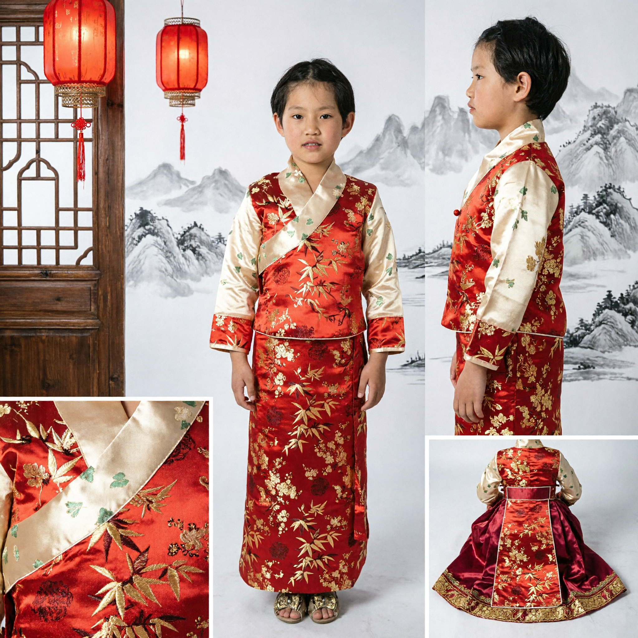 Traditionelles Chinesisches Hanfu-Kleid für Mädchen Rot-Gold Blumen-Broschüren-Tang-Anzug Kinder-Festkostüm - Asian Costume