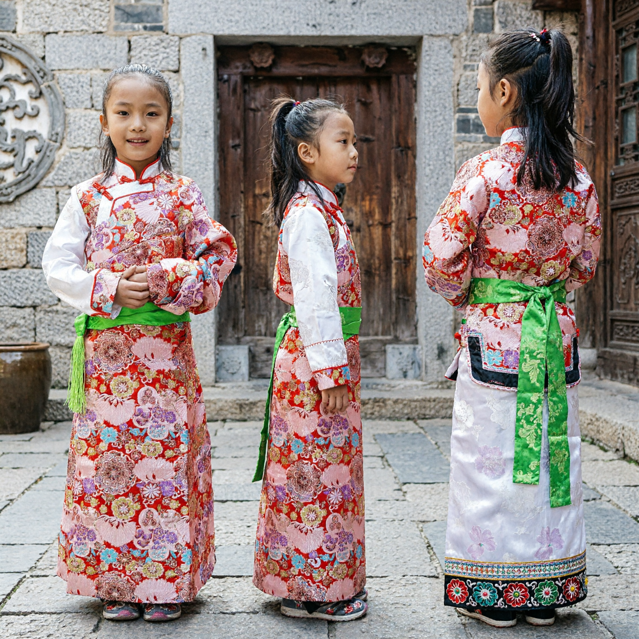 Traditionelles Koreanisches Hanbok für Kinder Mädchen Rotes Blumen-Hochzeitskleid Kulturelles Aufführungskostüm - Asian Costume