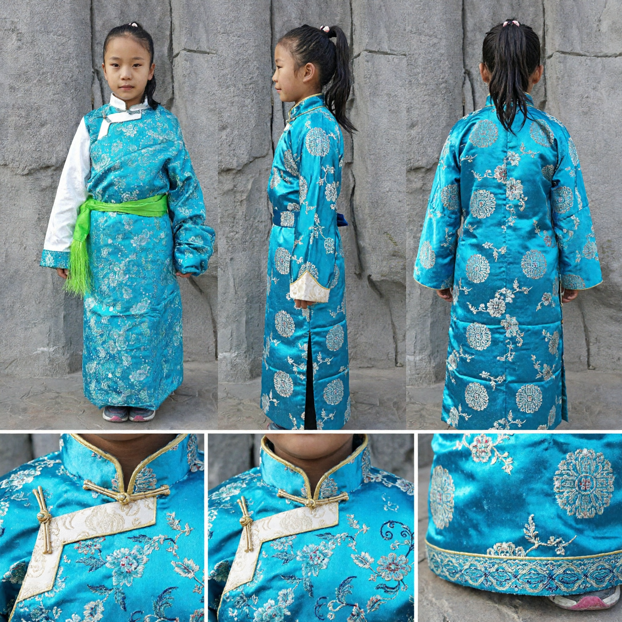 Chinese Traditional Tibetan Costume for Girls Blue Floral Chuba Robe Kids Folk Dance Dress - Asian Costume