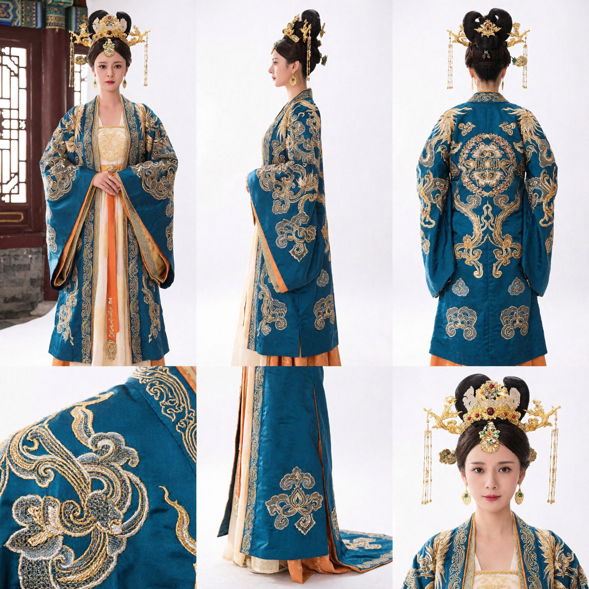 Costume d'impératrice ancienne traditionnelle chinoise, robe Hanfu brodée bleue et or, robe de dame du palais de la dynastie Tang - Asian Costume
