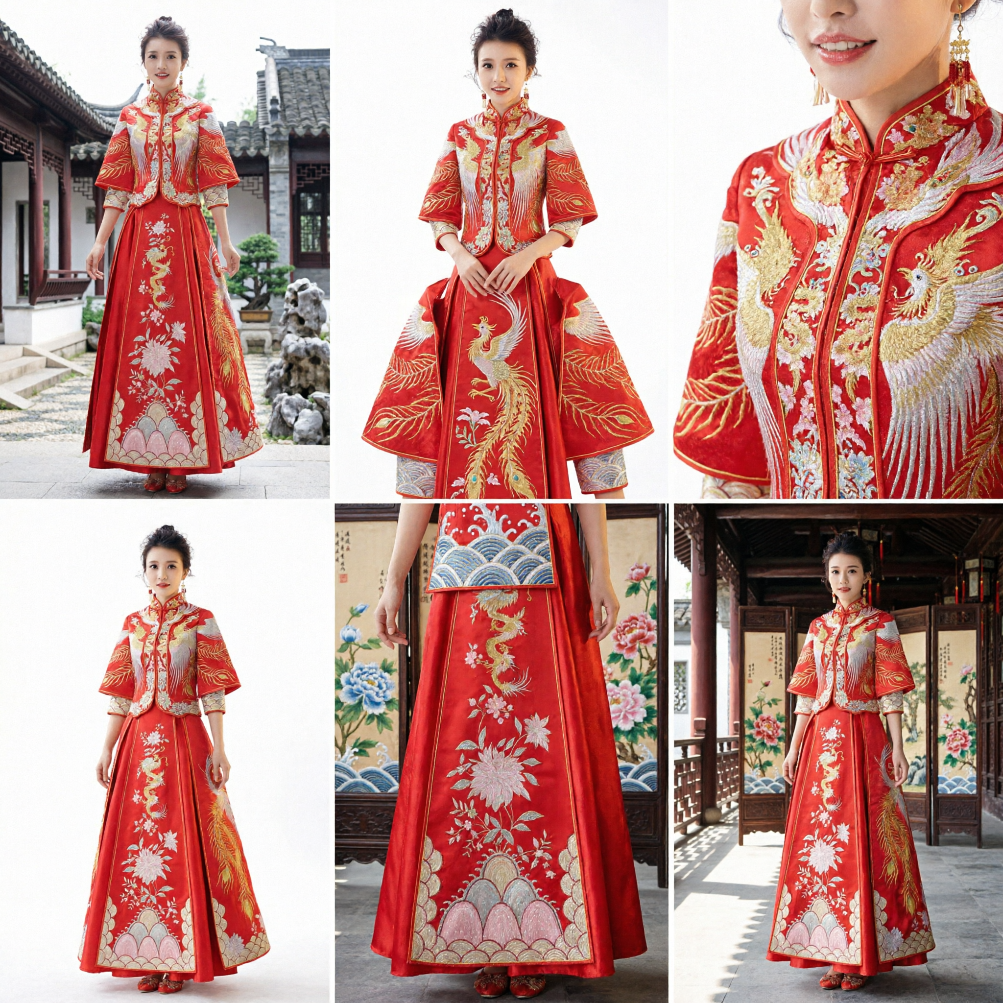 Vestido de Novia Tradicional Chino, Traje Xiuhe Rojo con Bordado de Fénix, Traje Antiguo para la Novia, Ceremonia del Té - Asian Costume