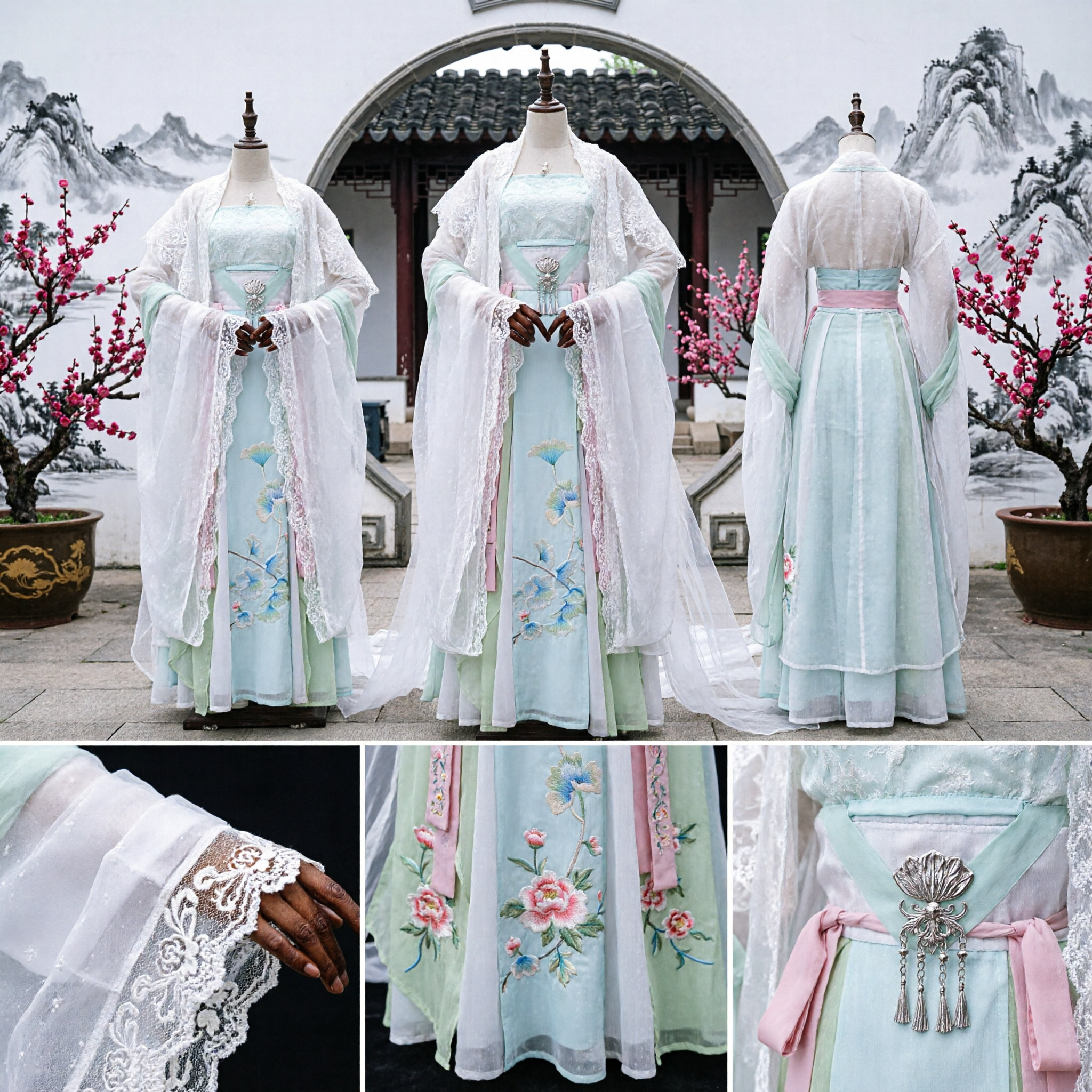 Costume Antico da Fata Cinese Hanfu, Abito Ricamato Floreale Blu e Verde per Donne, Cosplay - Asian Costume