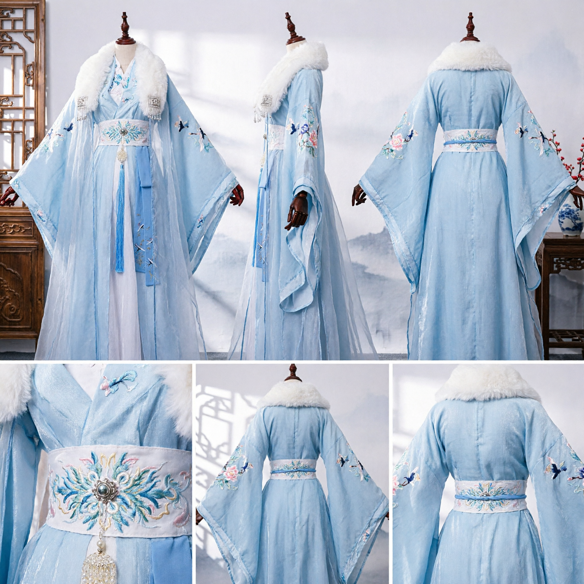Costume Antico da Principessa Cinese Hanfu, Mantello Blu Ricamato con Collo di Pelliccia per Donne, Cosplay - Asian Costume