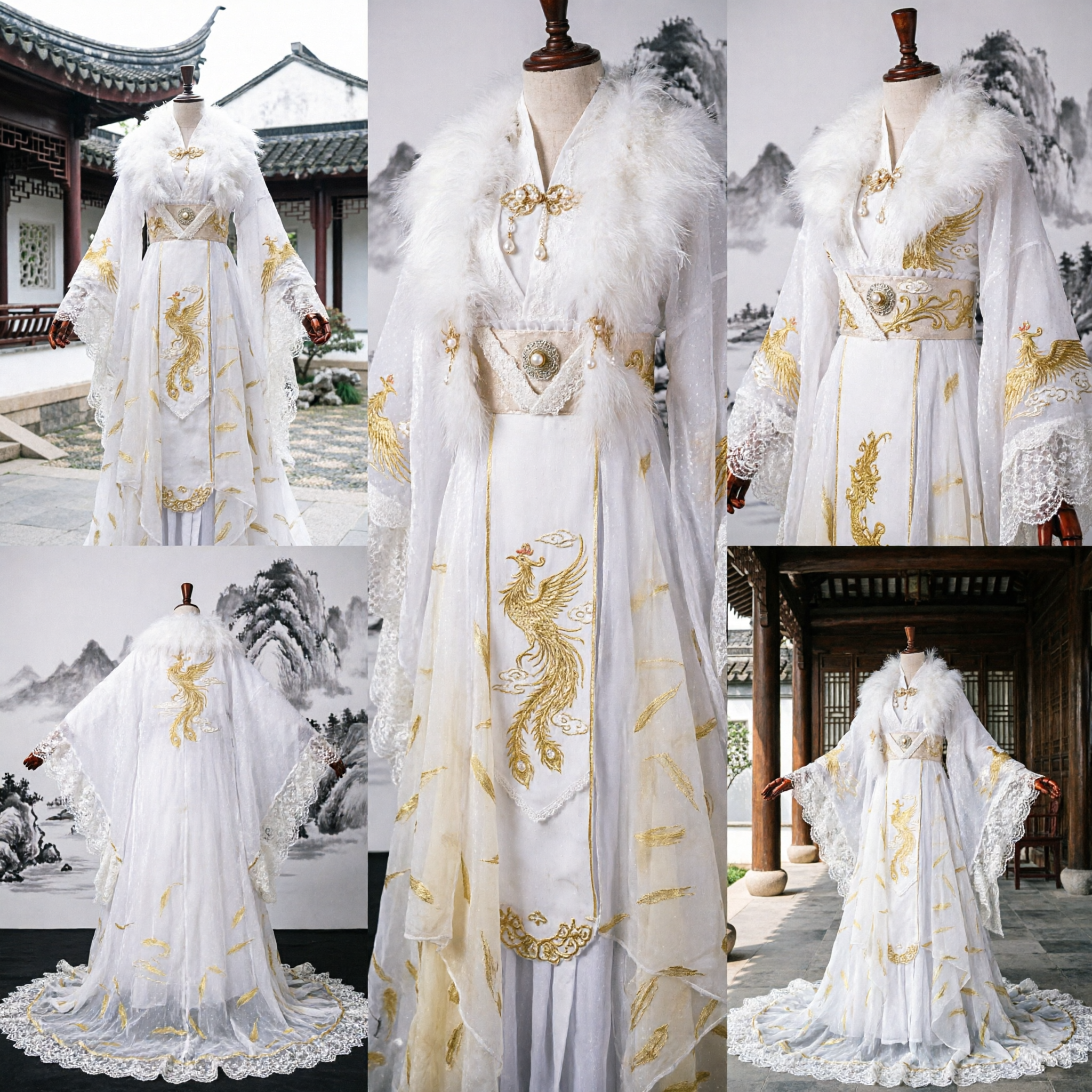 Traditional Chinese Hanfu Ancient Noble Swordsman Costume White Fur Trim Gold Embroidery Cosplay Outfit for Men - Asian Costume