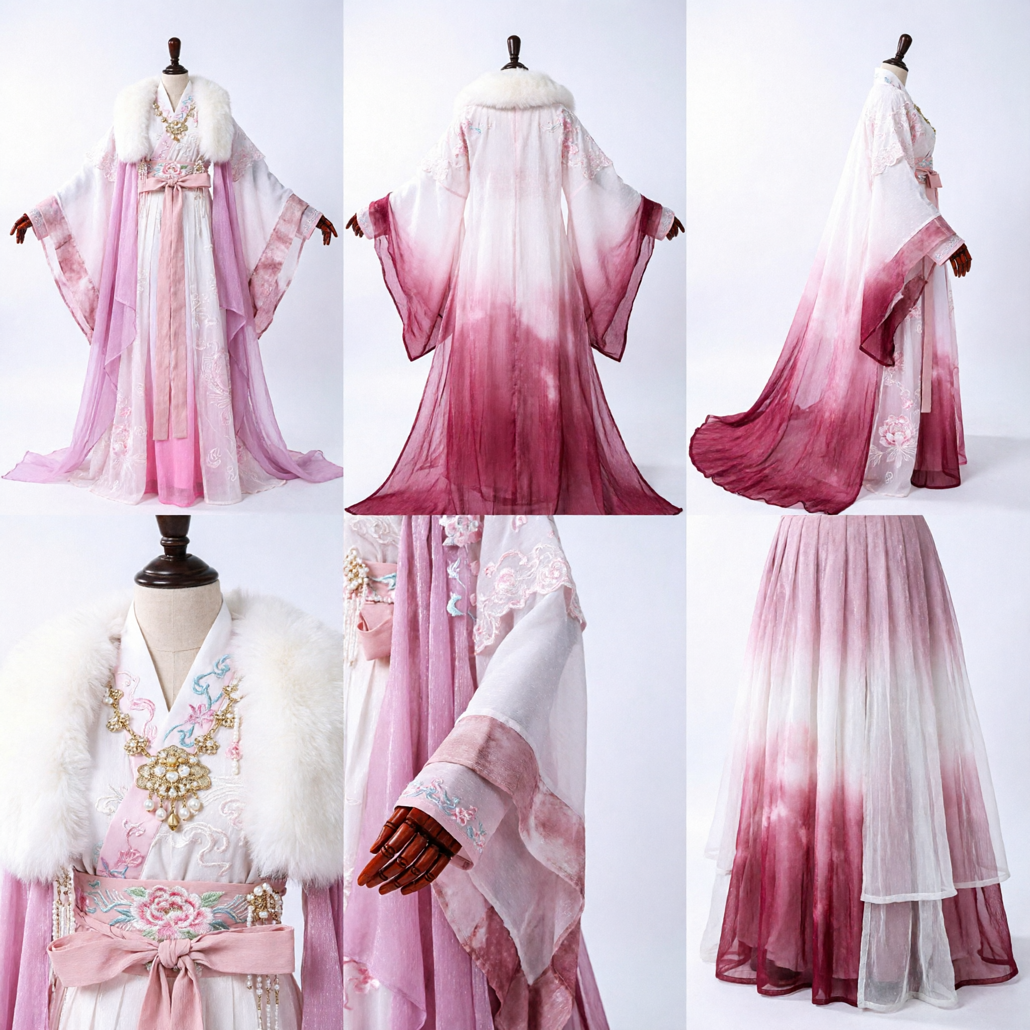 Elegantes Rosa Antikes chinesisches Prinzessin Hanfu-Kleid mit Weißem Pelzkragen für Frauen Cosplay Auftritt - Asian Costume