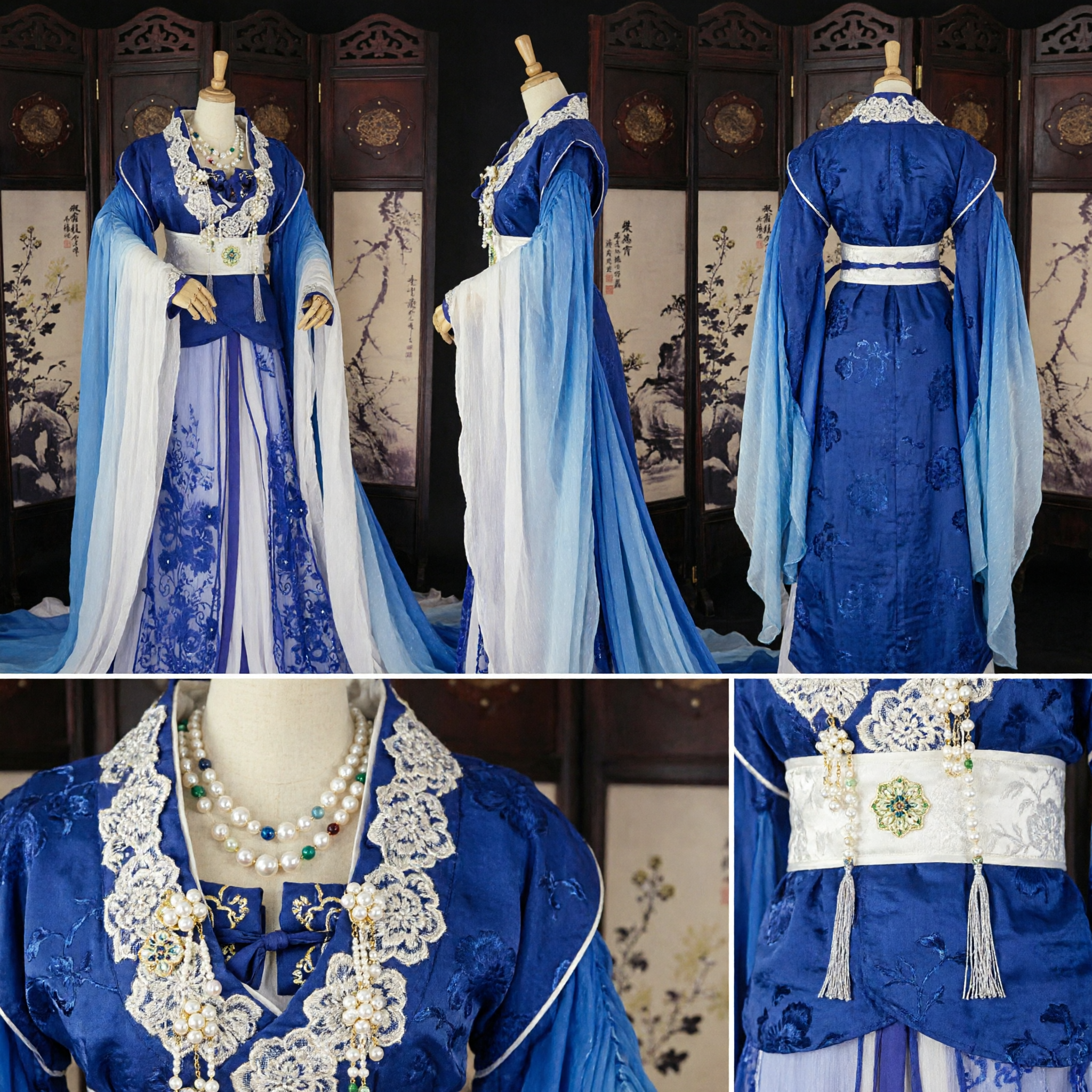 Abito da Principessa Antico Cinese Hanfu Blu Ricamato, Costume a Maniche Ampie per Donne, Cosplay - Asian Costume