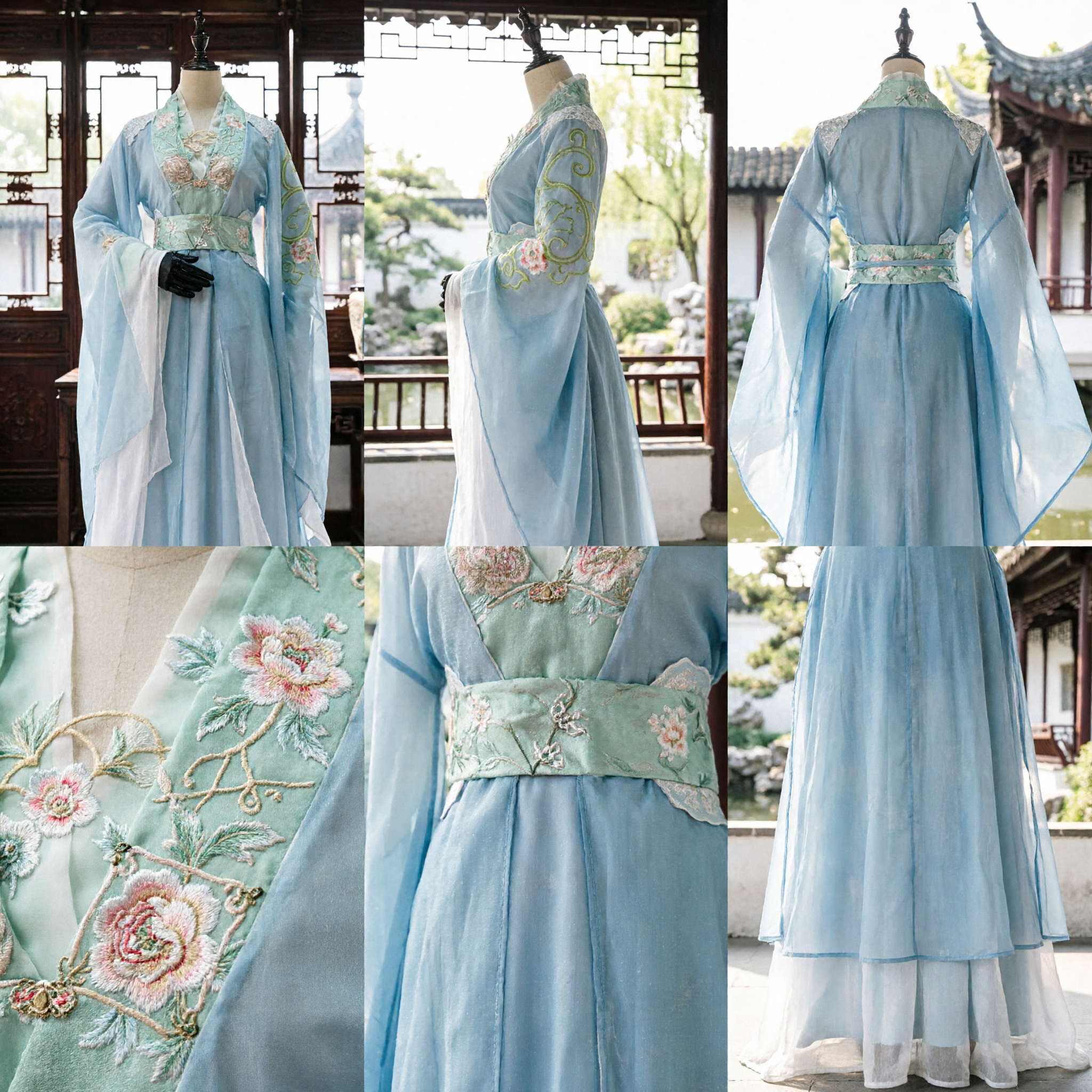 Elegante Costume Tradizionale Cinese Hanfu Azzurro Antico da Fata Abito Ricamato a Maniche Ampie per Donne - Asian Costume
