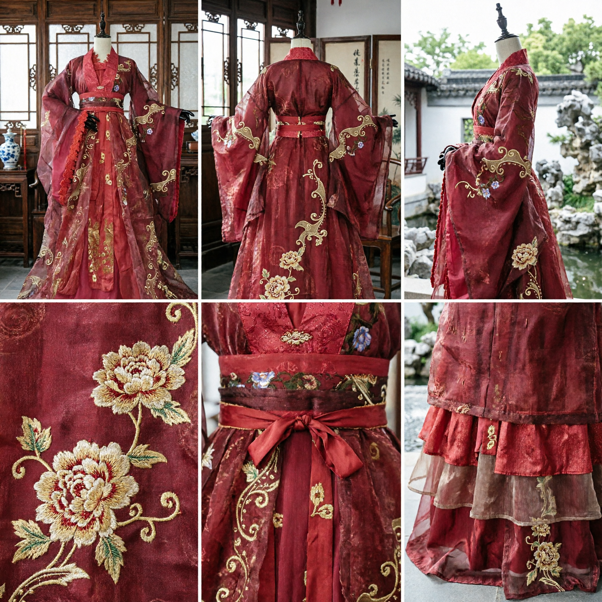 伝統的中国赤色漢服古代衣装 優雅な刺繍ドレス 女性用ウェディング・祭礼 - Asian Costume