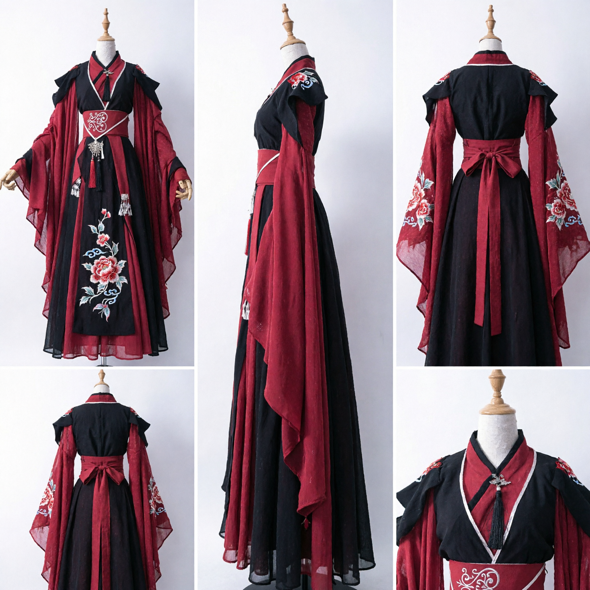 Traje Chinês Antigo de Espadachim Wuxia Hanfu Túnica Tradicional Vermelha e Preta de Nobre para Homens Cosplay - Asian Costume