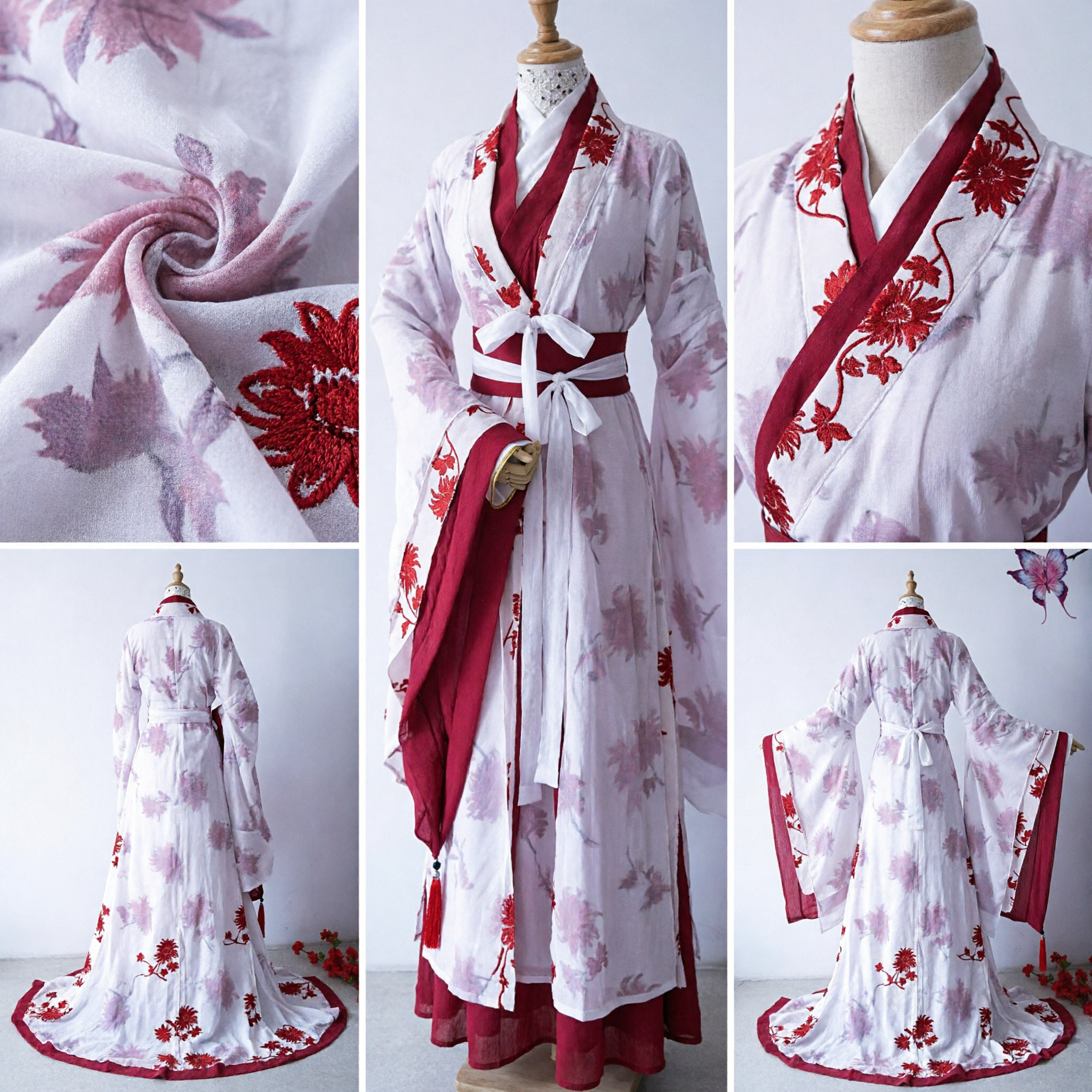 Elegancki Starożytny Chiński Kostium Hanfu Biało-Czerwona Kwiatowa Szata Tradycyjna Suknia dla Kobiet Cosplay Występ - Asian Costume