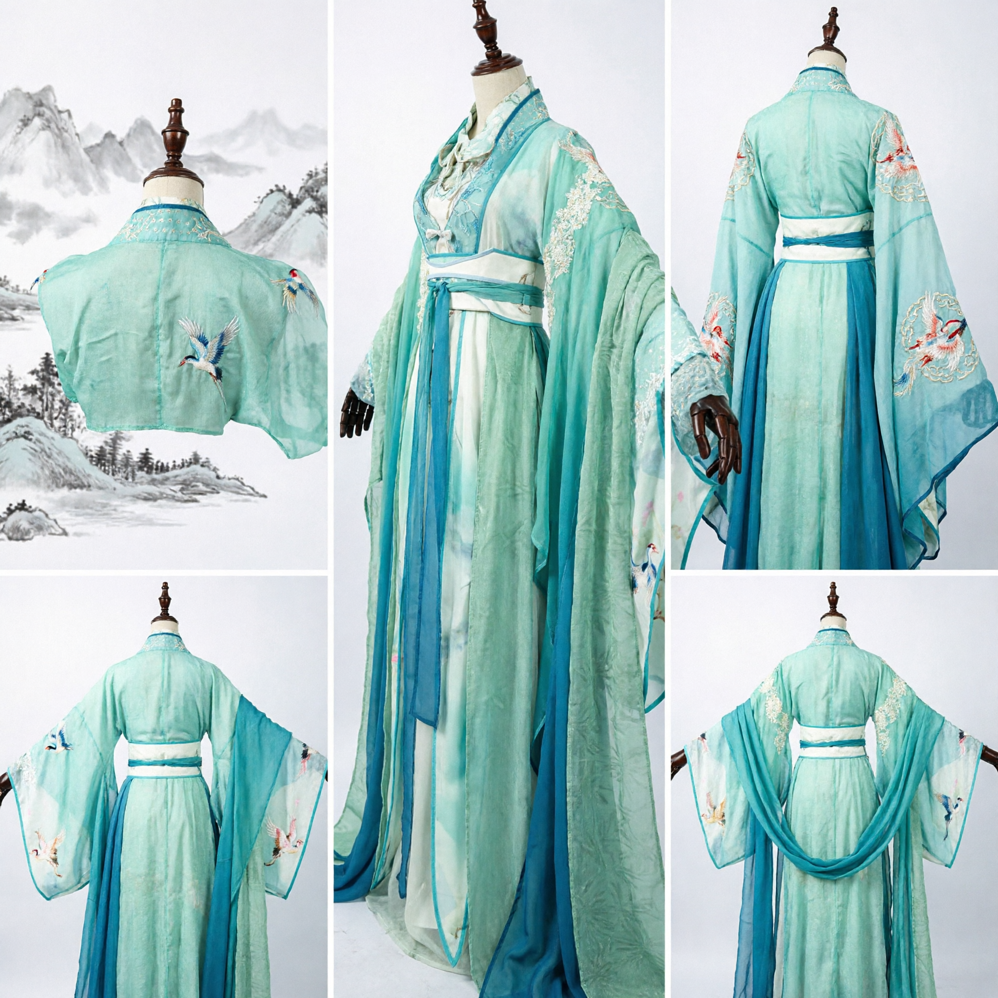Vestido Hanfu Chinês Tradicional em Gradiente Azul Elegante Robe de Manga Larga Bordada para Mulheres Cosplay Performance - Asian Costume
