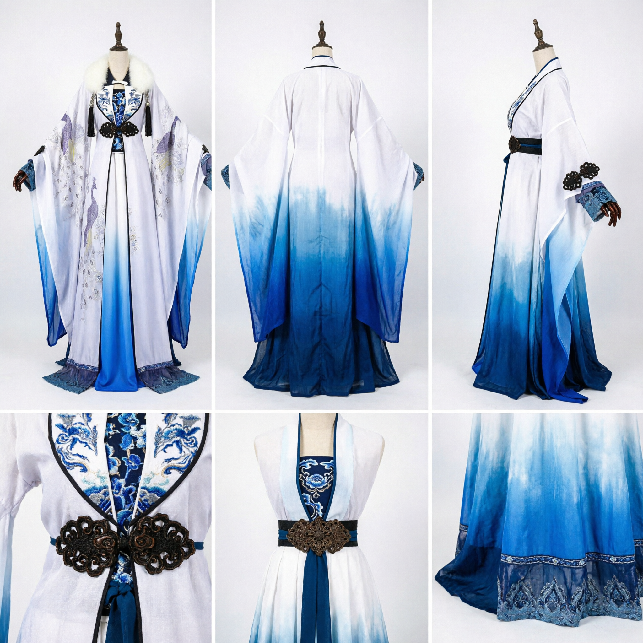 Traje Hanfu Chino Antiguo Tradicional Túnica de Mangas Anchas con Bordado de Grulla en Degradado Azul para Hombres para Cosplay y Actuaciones - Asian Costume