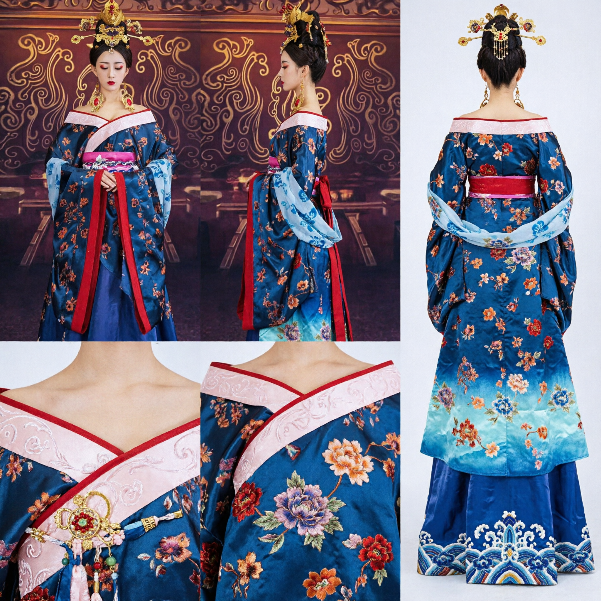 Oud Chinese Tang Dynastie Prinses Kostuum Blauw Bloemen Hanfee Jurk Compleet Set voor Vrouwen Historisch Cosplay en Optreden - Asian Costume
