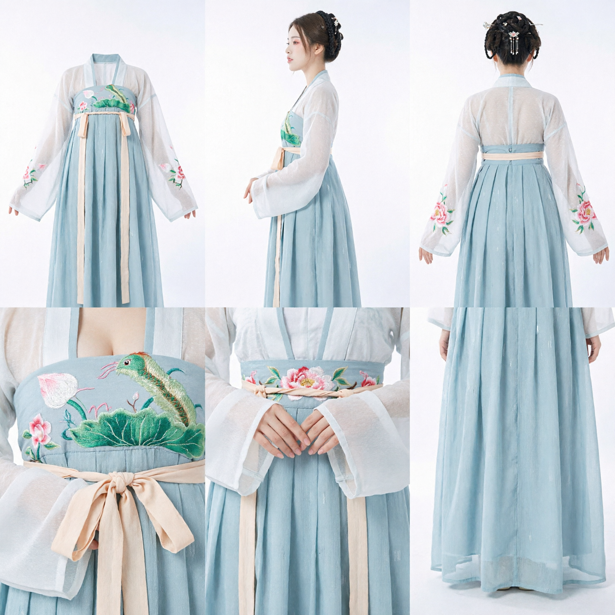 Robe Hanfu chinoise traditionnelle élégante Costume de fée ancien Robe en mousseline à imprimé lotus bleu pour femmes - Asian Costume