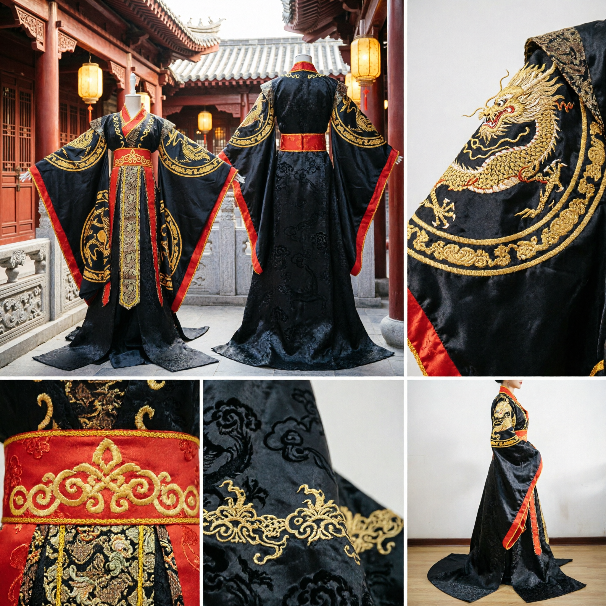 Antikes chinesisches Kaiser-Kostüm für Herren schwarz-goldene Drachenstickerei Hanfu-Robe für Bühnenauftritt Cosplay - Asian Costume