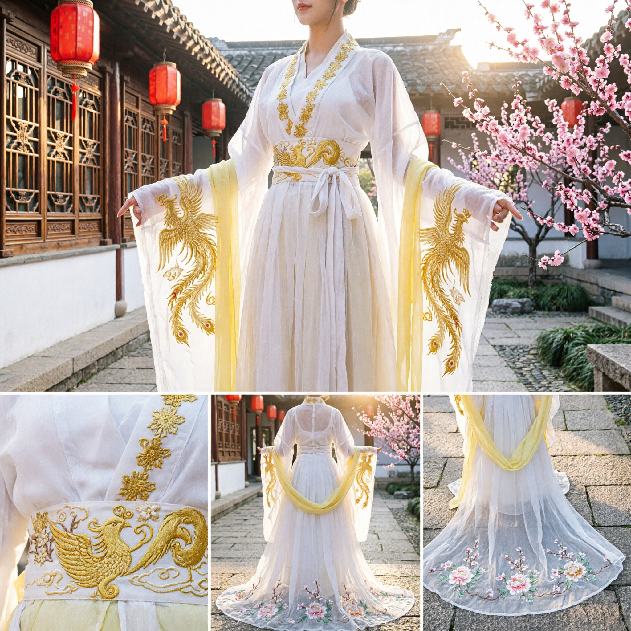 우아한 노란색 중국 한푸 고대 궁녀 의상 전통 당나라 드레스 여성용 촬영 코스프레 - Asian Costume