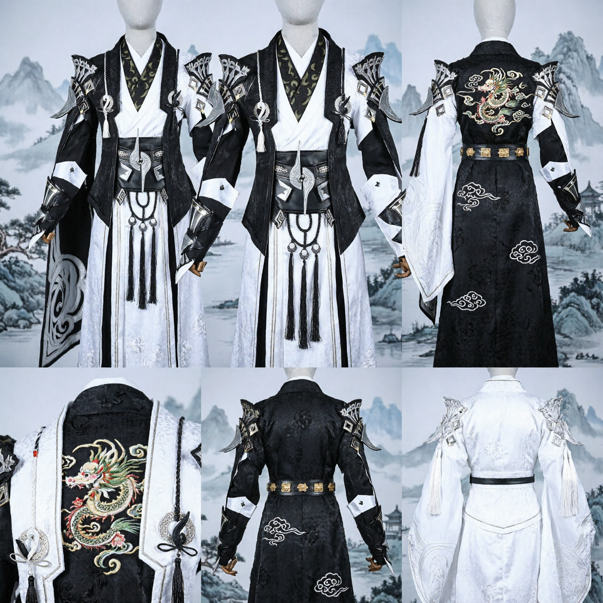 Herren Traditionelles Chinesisches Antikes Schwertkämpfer-Kostüm Schwarz-Weiß Hanfu Cosplay Outfit Wuxia-Ritter-Gewand - Asian Costume