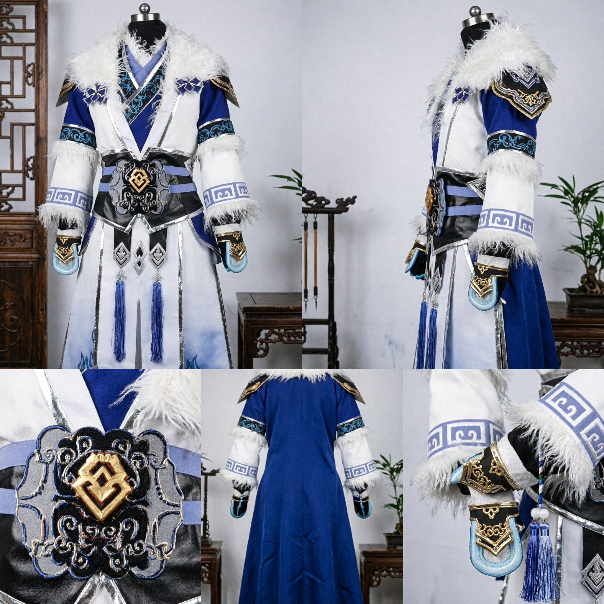 Antikes Chinesisches Wuxia-Schwertkämpfer Hanfu-Kostüm Blau-Weiß Besticktes Gewand mit Pelzbesatz für Herren Cosplay - Asian Costume