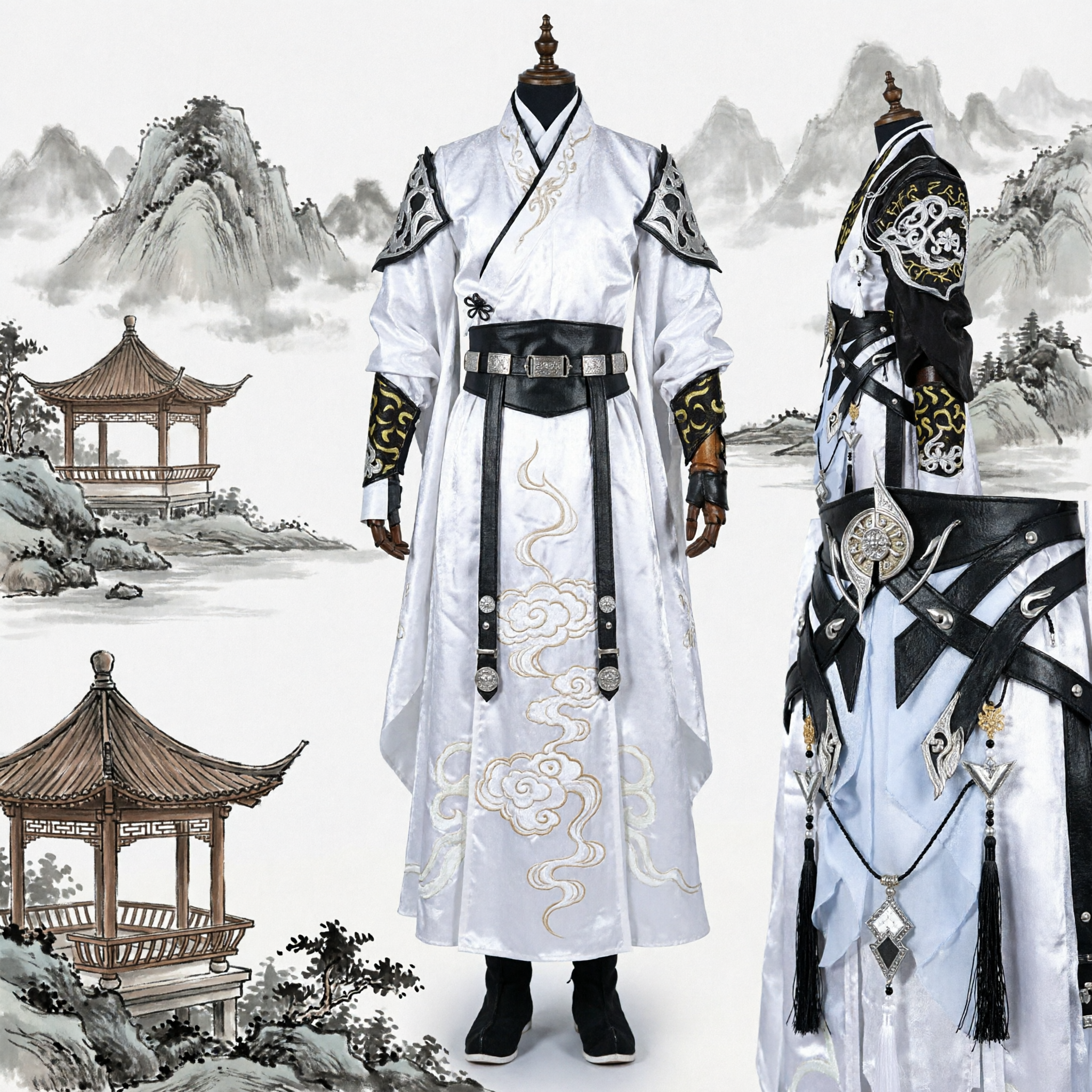 Herren Traditionelles Chinesisches Wuxia Cosplay-Kostüm Antikes Schwertkämpfer Weißes Gewand Fantasy-Ritter Bühnen-Outfit - Asian Costume