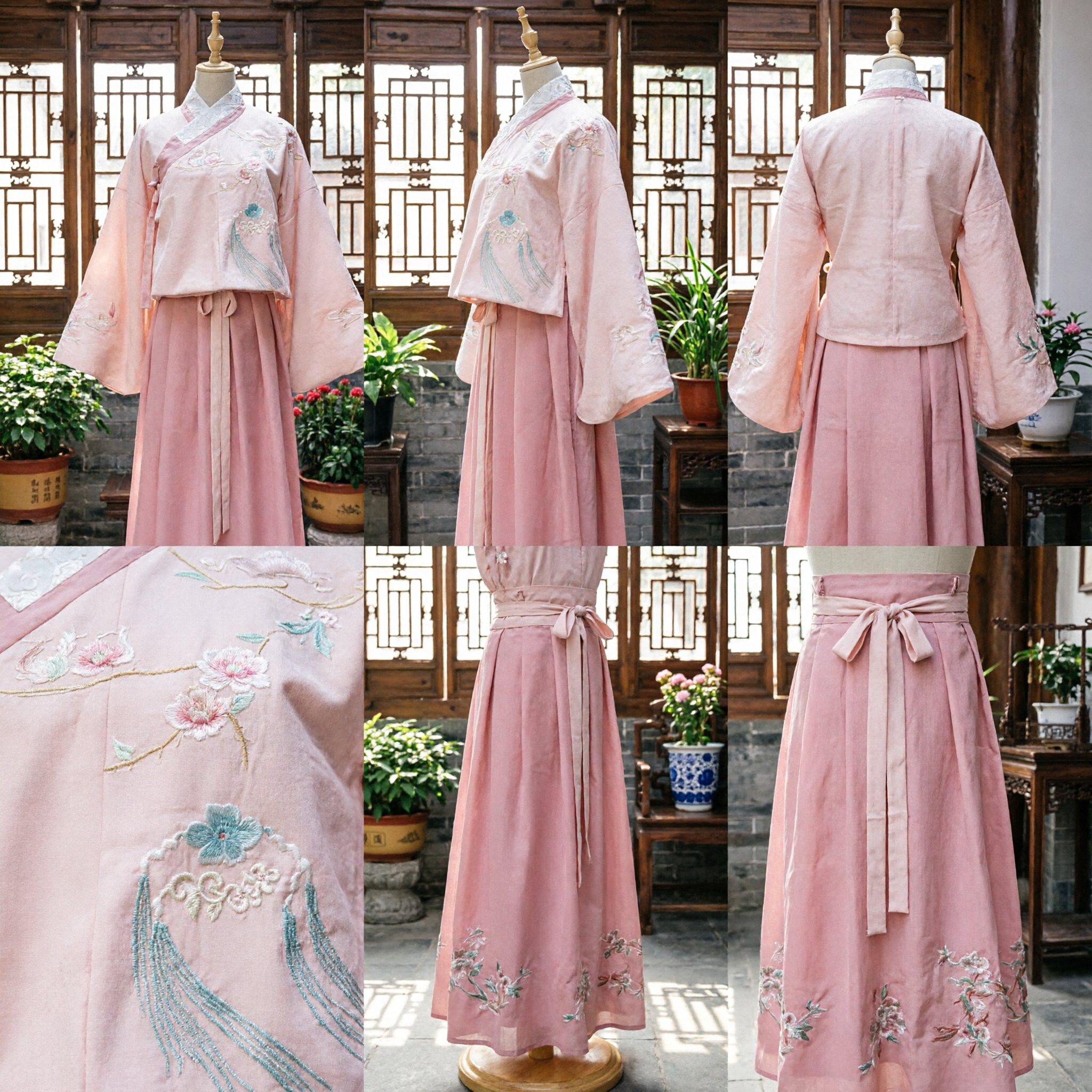 Conjunto Hanfu Tradicional Chinês Rosa, Blusa Bordada com Garças e Saia Longa para Mulheres, Traje Antigo - Asian Costume