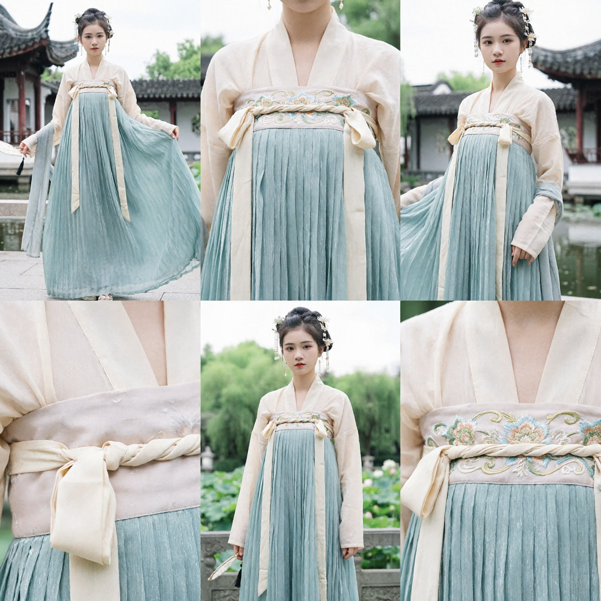 Traje Hanfu Tradicional Chinês Estilo Dinastia Tang, Blusa Creme e Saia Azul Pregueada para Mulheres, Cosplay e Performance - Asian Costume