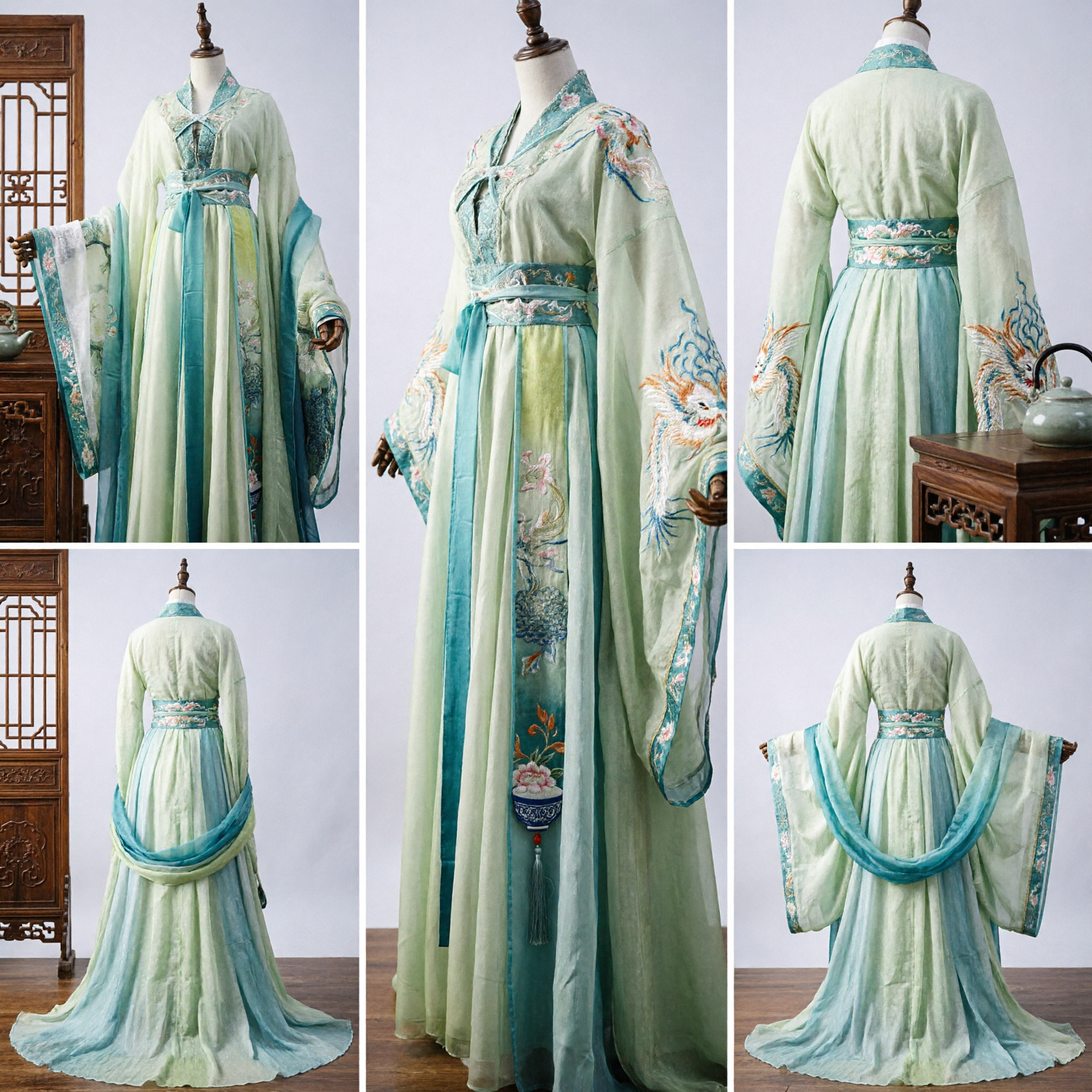 Elegancka Zielona Chińska Suknia Hanfu, Tradycyjny Starożytny Strój Księżniczki z Dynastii Tang dla Kobiet na Występy - Asian Costume
