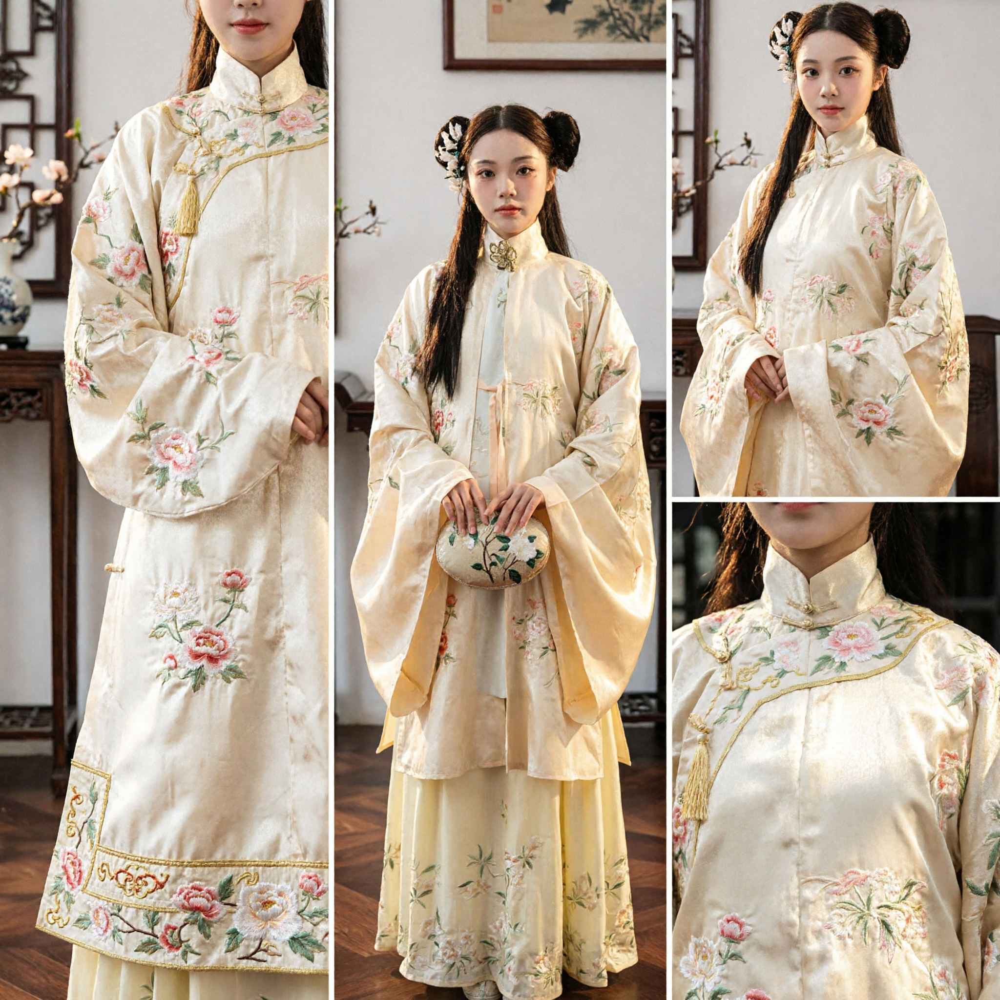 Costume Hanfu Tradizionale Cinese per Donne, Set Top Crema Ricamato a Collo Alto e Gonna in Stile Dinastia Ming, Abito Antico - Asian Costume