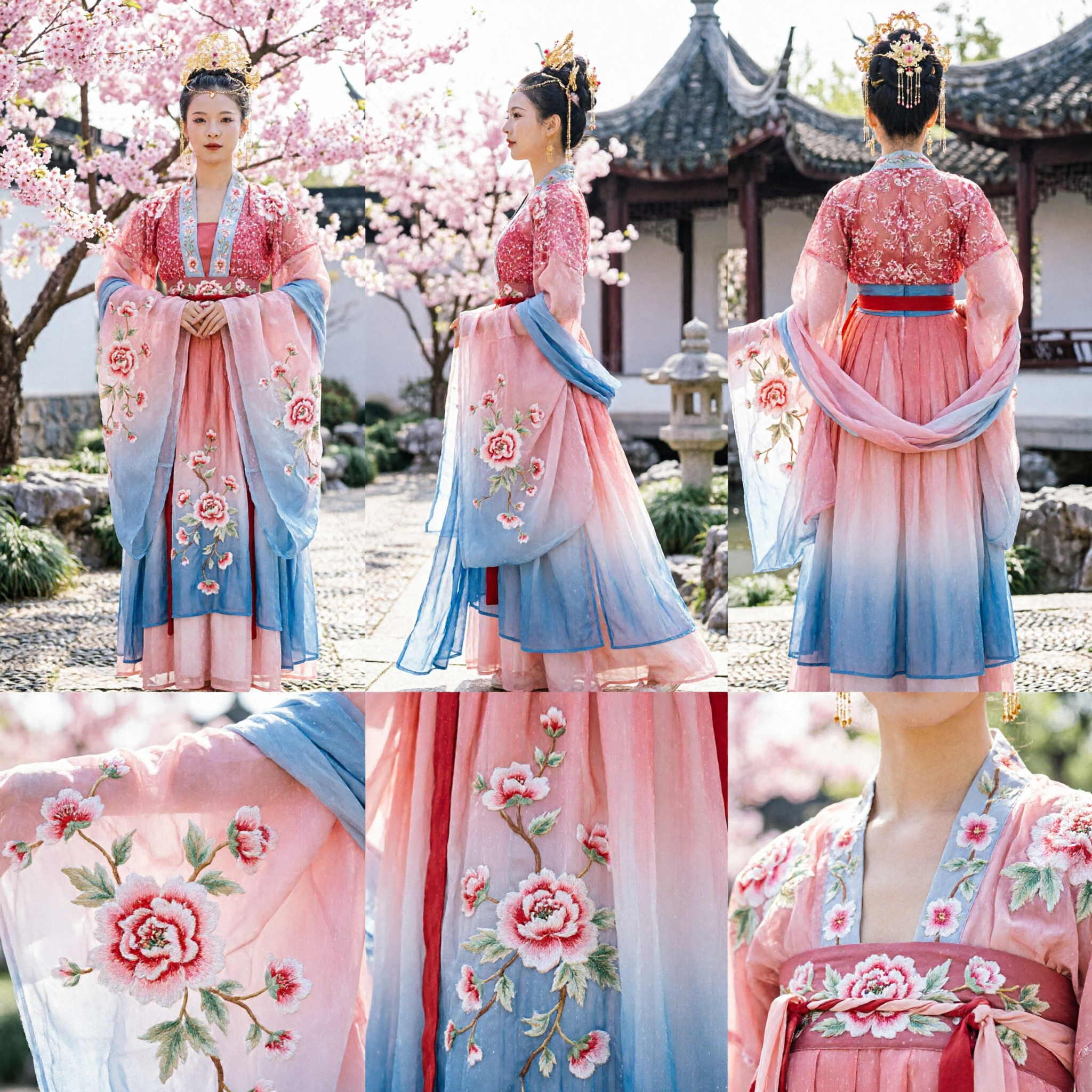 Vestido de Fada Floral Rosa Hanfu Tradicional Chinês Dinastia Tang com Longas Fitas de Seda para Apresentação de Dança - Asian Costume
