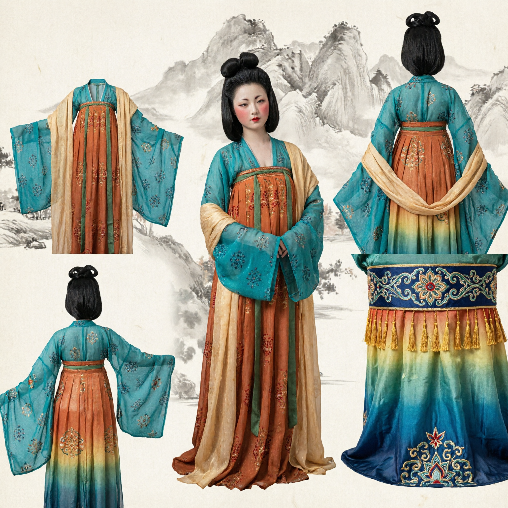 Traditionelles chinesisches Hanfu der Tang-Dynastie, antikes Palastkostüm, elegantes orange und blaugrünes Kleid für Frauen - Asian Costume