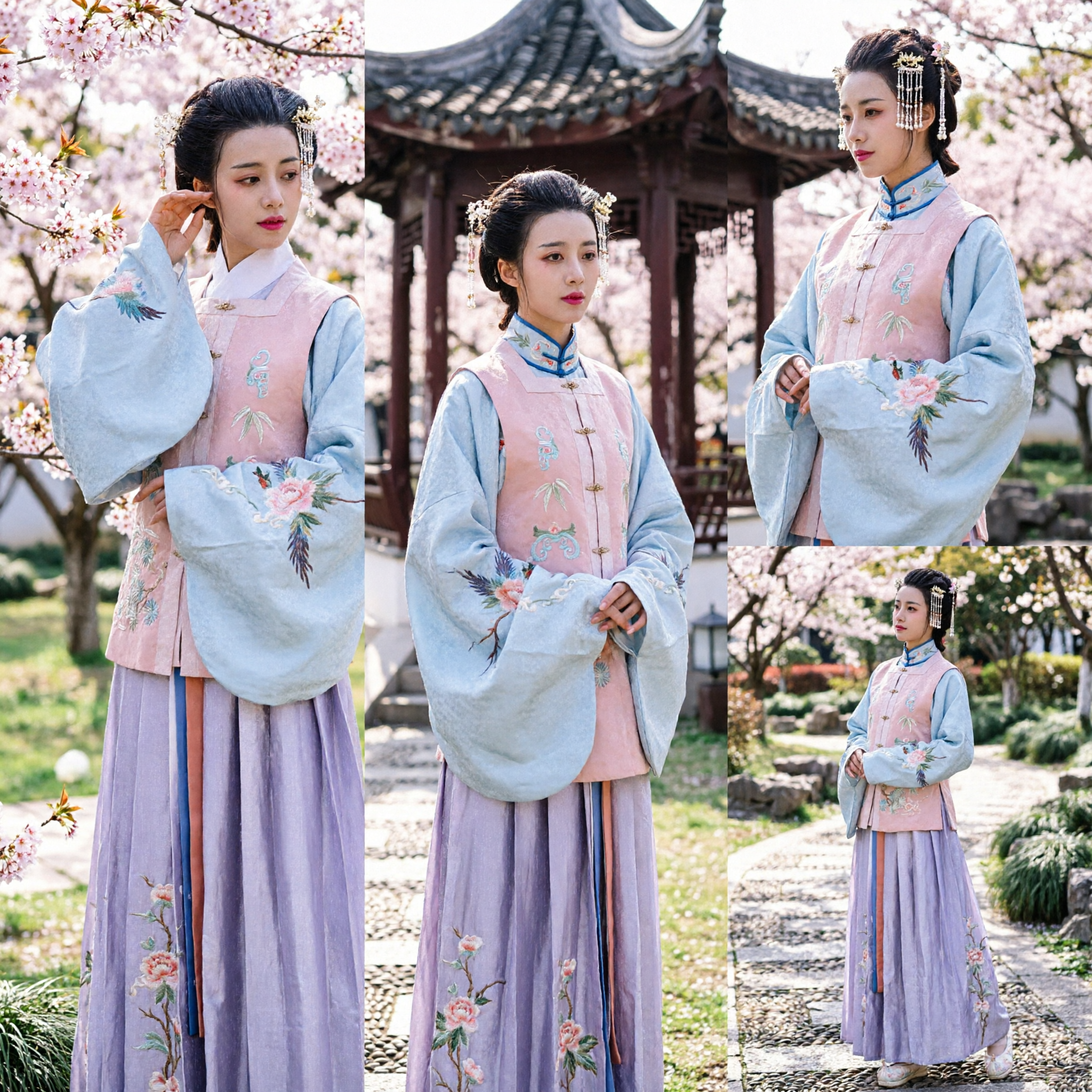 Vestido Tradicional Coreano Hanbok para Mulheres, Traje de Cerimônia de Casamento com Bordados Rosa e Azul para Sessão Fotográfica - Asian Costume
