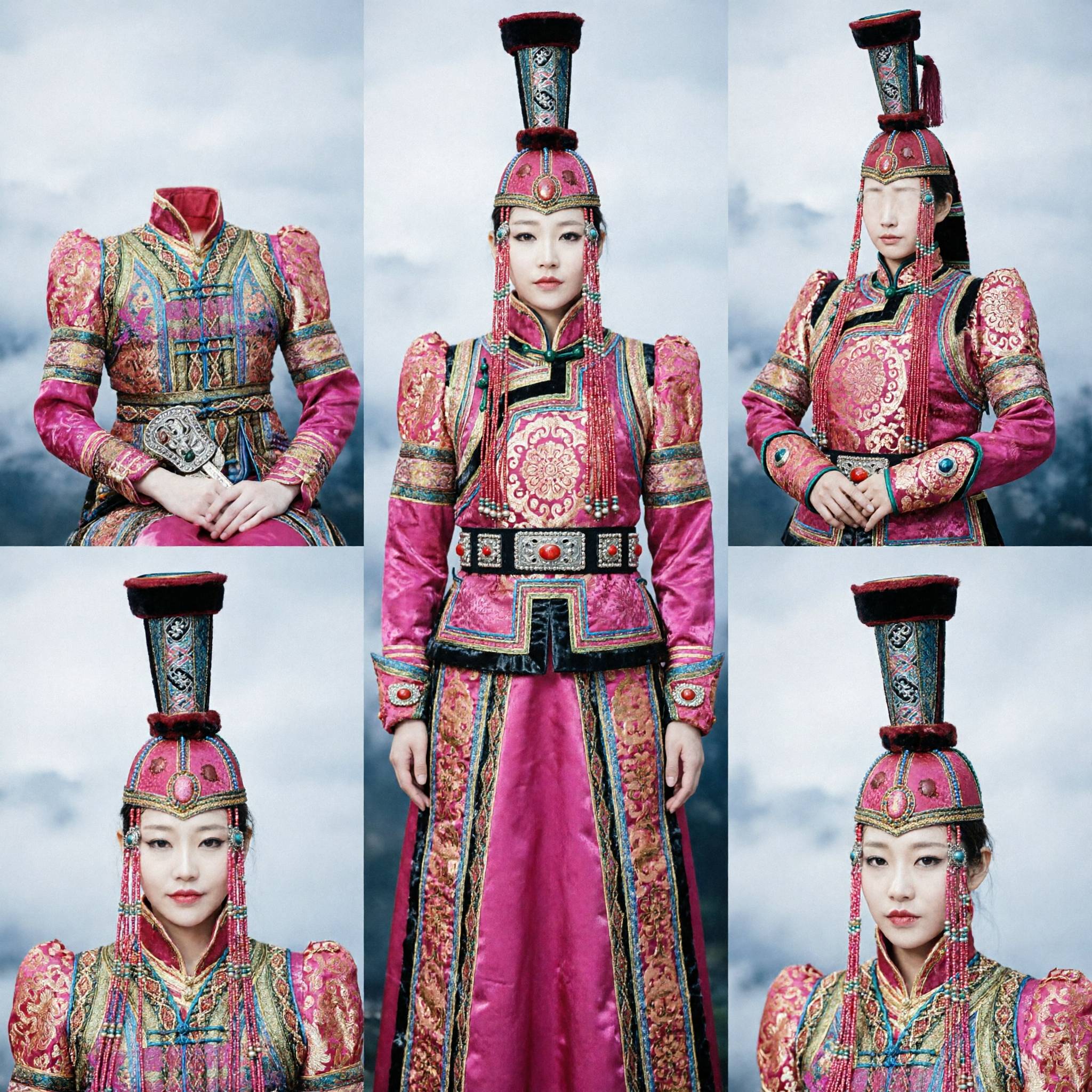 Tradycyjna mongolska suknia ślubna dla kobiet, strój sceniczny mniejszości etnicznej, różowy płaszcz z wysokim kapeluszem - Asian Costume