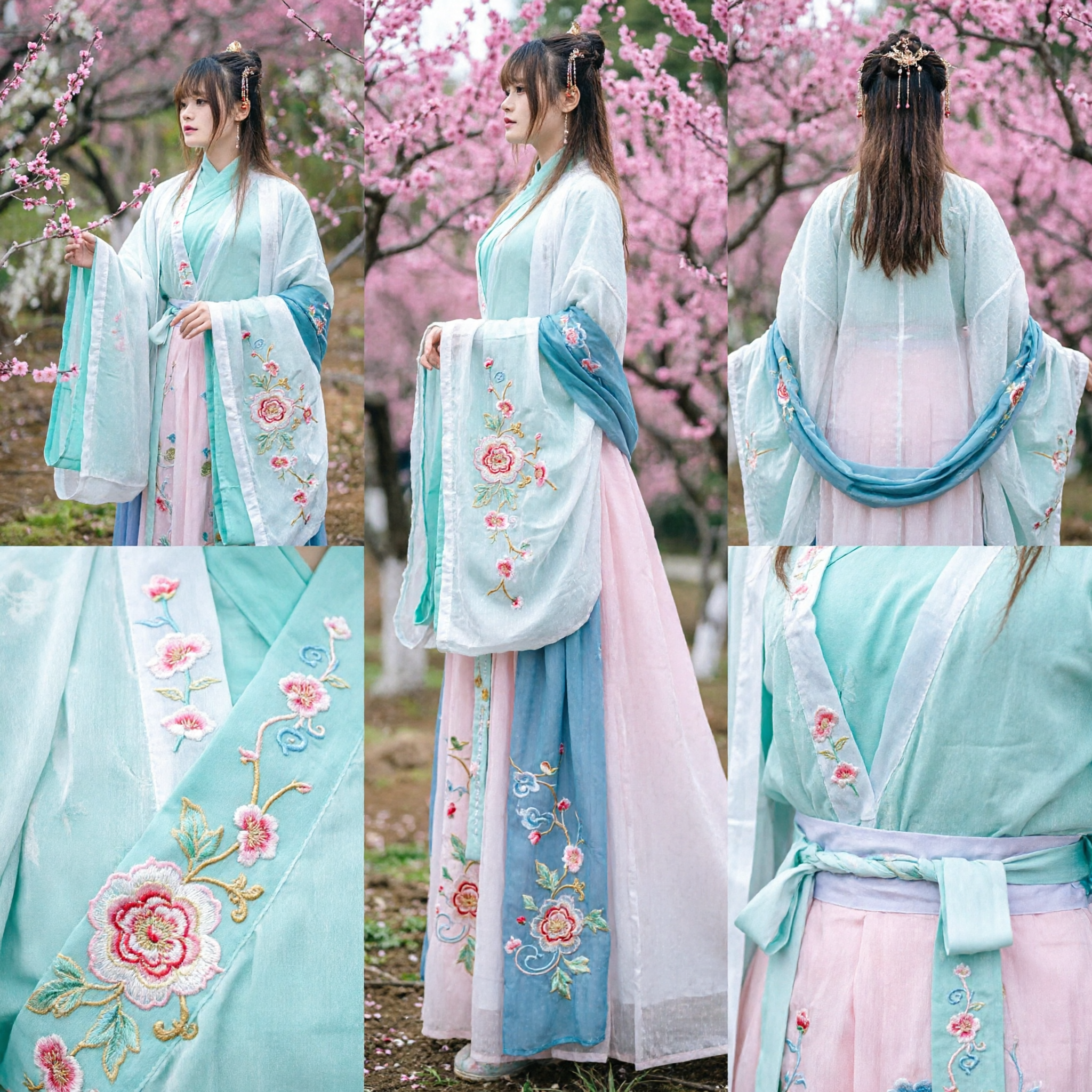 زي هانفو صيني تقليدي أنيق باللون الأزرق الفاتح والأخضر، ملابس صينية قديمة للنساء، زي جنية للتصوير الربيعي - Asian Costume