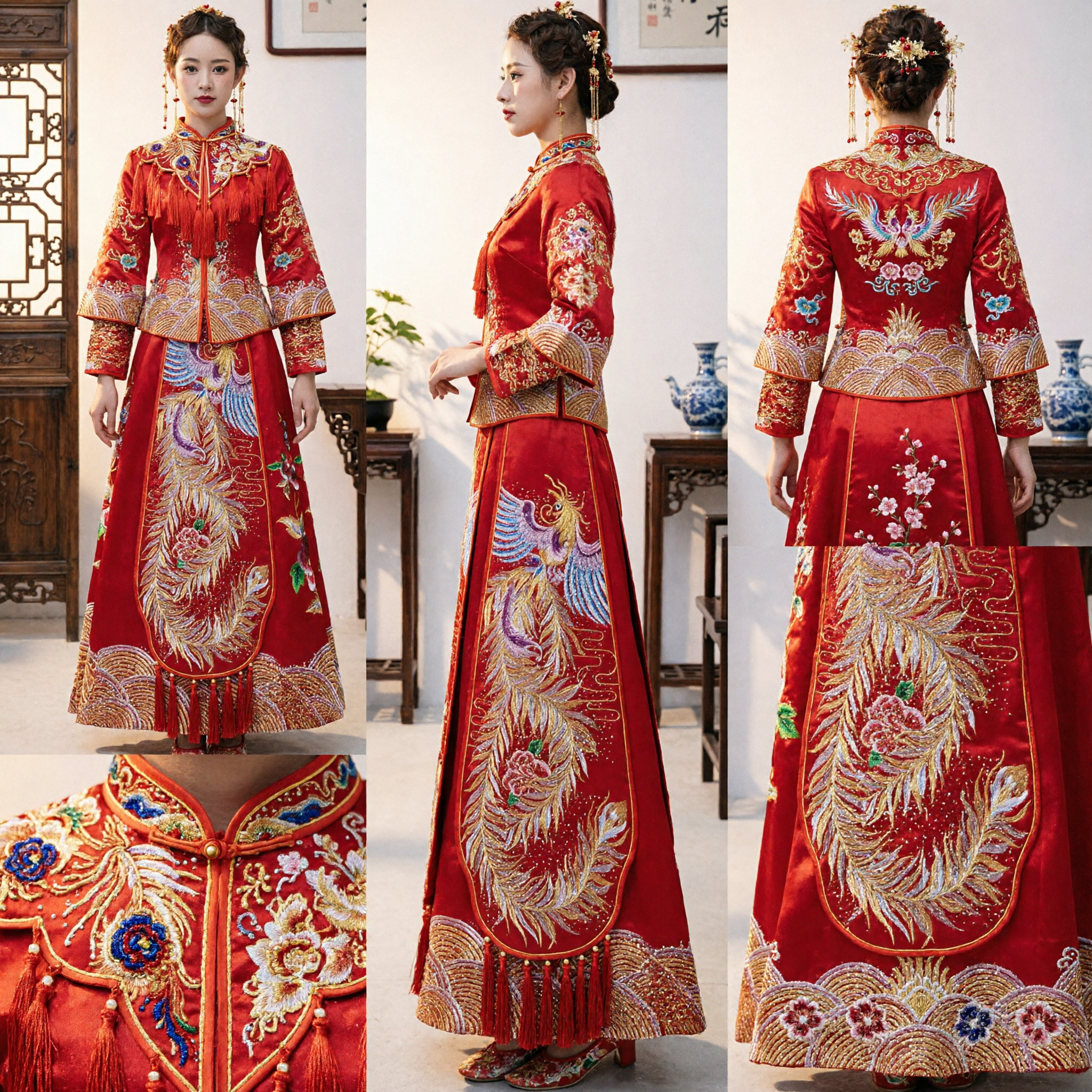 Traditional Chinese Wedding Dress Red Xiu He Fu with Gold Phoenix Embroidery for Bride Tea Ceremony - Asian Costume