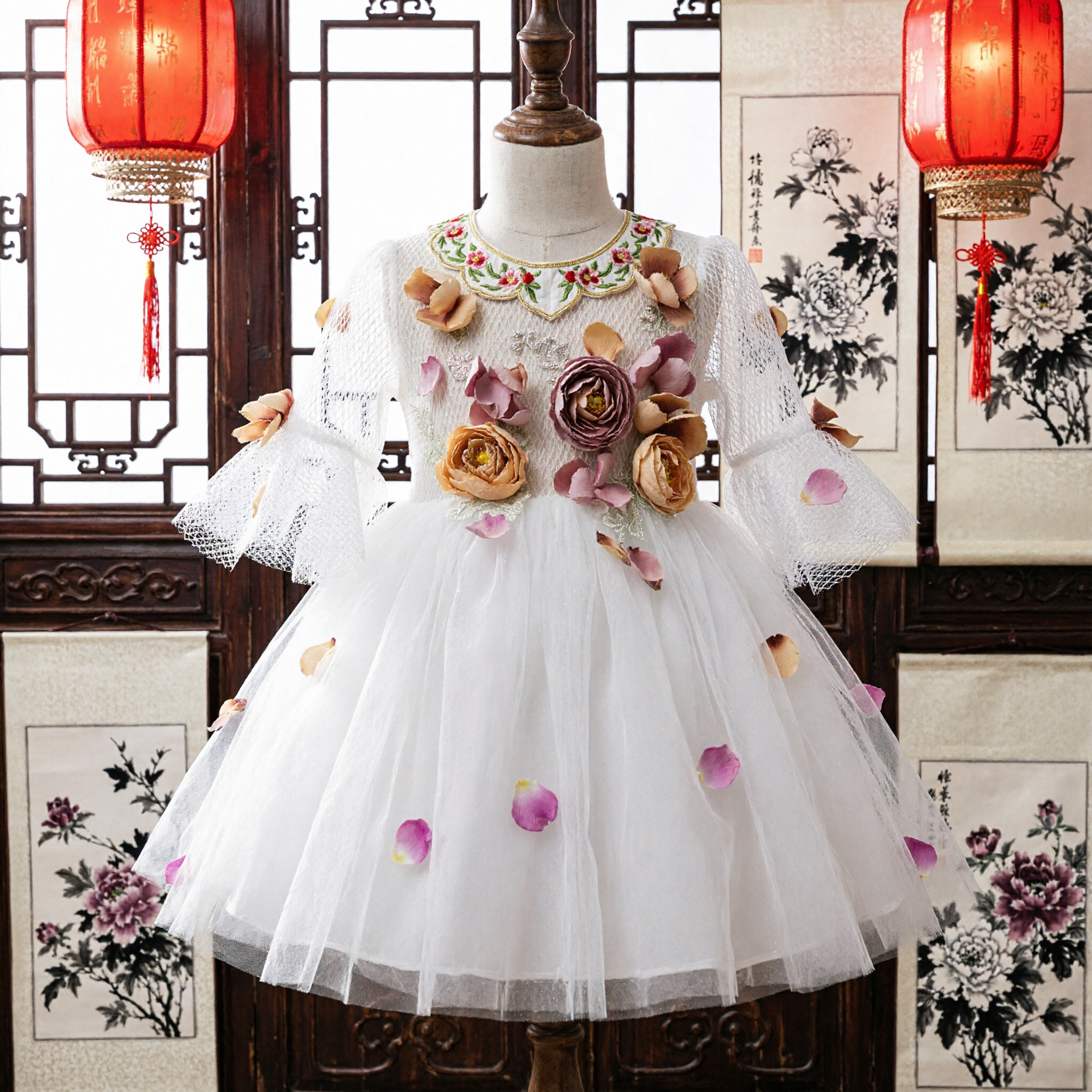 Élégante robe blanche en tulle pour filles avec appliqués floraux 3D - Robe longue à manches longues pour demoiselle d'honneur ou mariage - Asian Costume