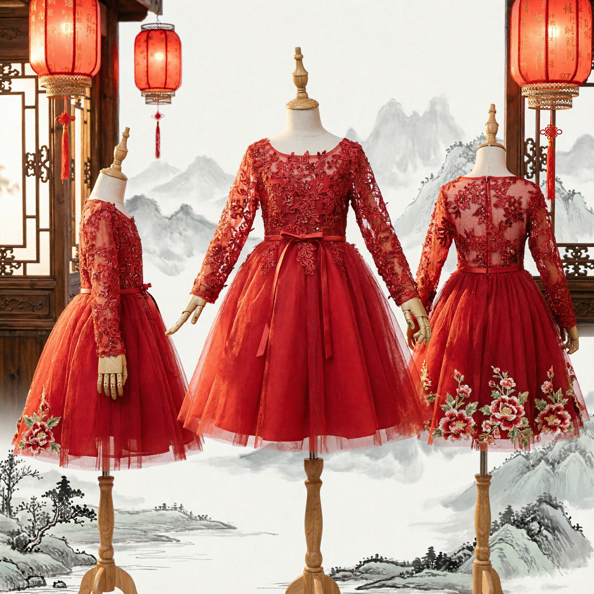 Robe rouge à manches longues en dentelle pour demoiselle d'honneur enfants - Robe de princesse en tulle formelle pour mariage ou fête - Asian Costume
