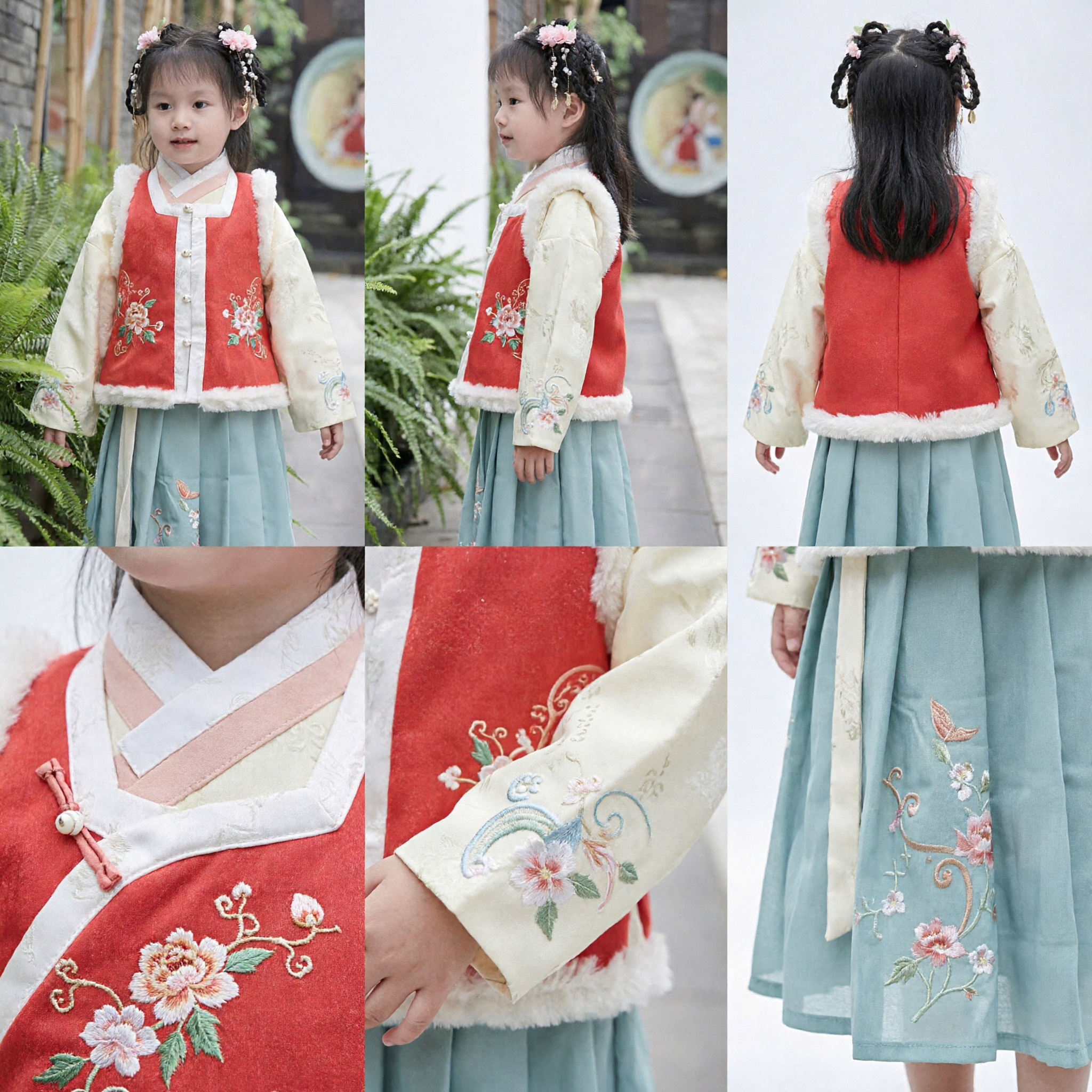 Hanfu Tradizionale Cinese per Ragazze Invernale Caldo Completo Gilet Rosso con Bordo in Pelliccia e Gonna Ricamata - Asian Costume