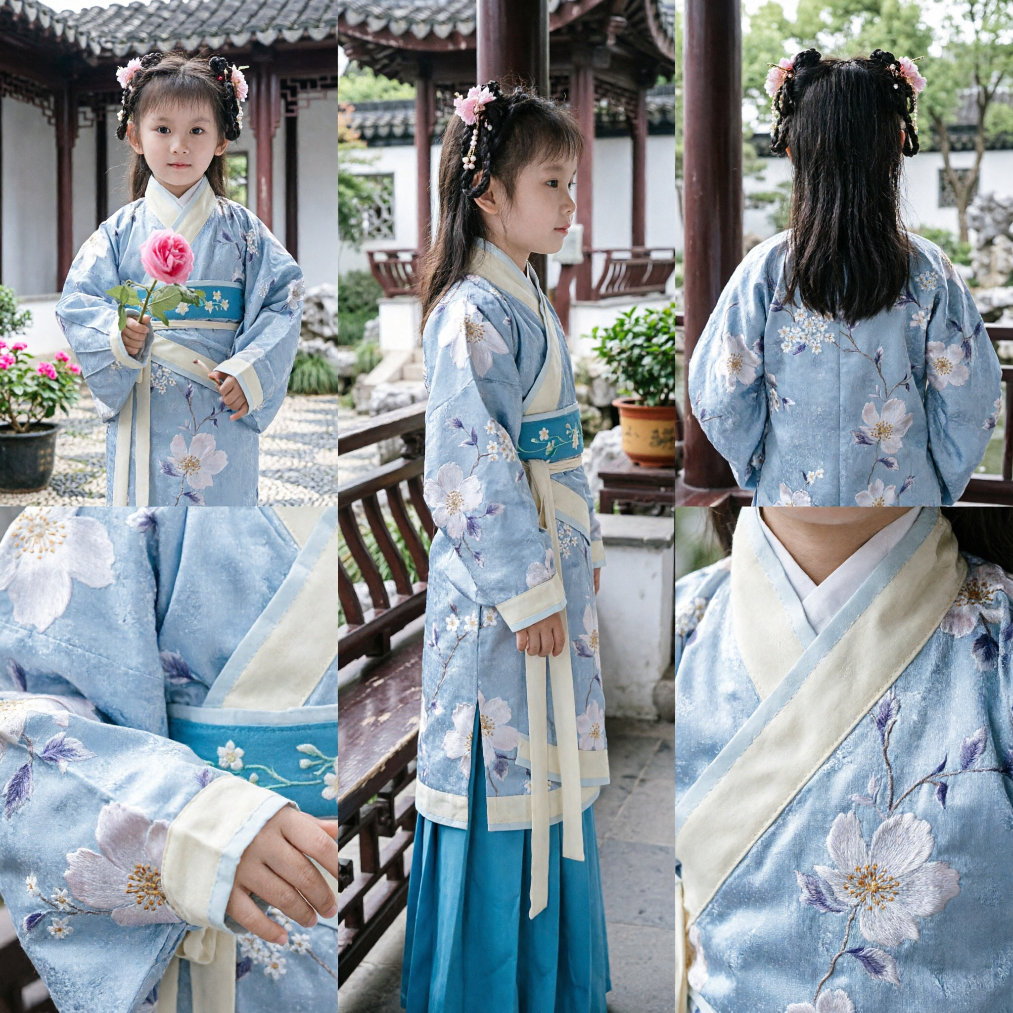 Kinderen Meisjes Traditioneel Chinees Hanfu-kostuum Blauw Bloemen Oude Prinsessenjurk voor Optreden - Asian Costume