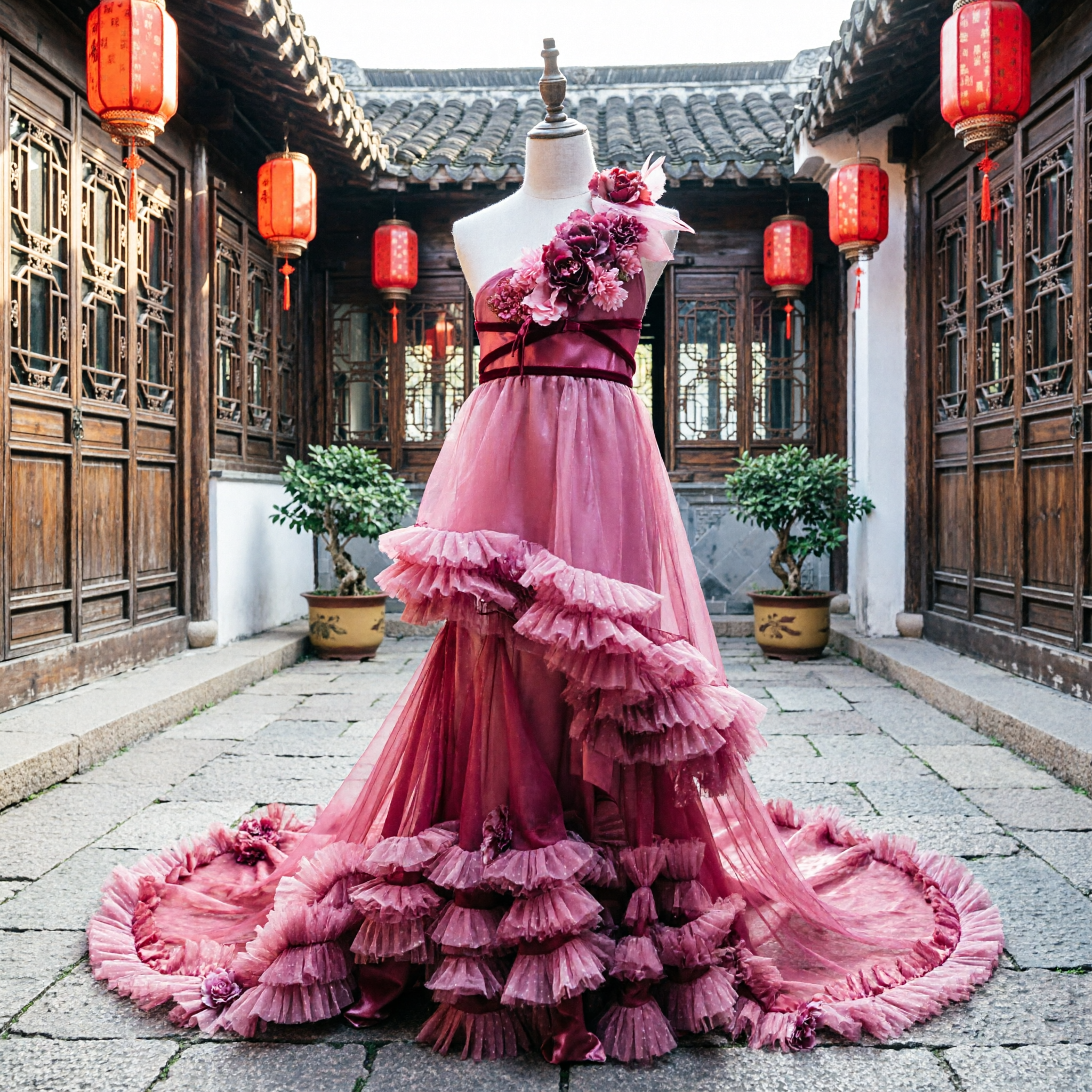 Robe de Soirée Luxueuse Rose Fuchsia à Volants Étalés avec Appliqués Floraux pour Quinceañera ou Bal - Asian Costume